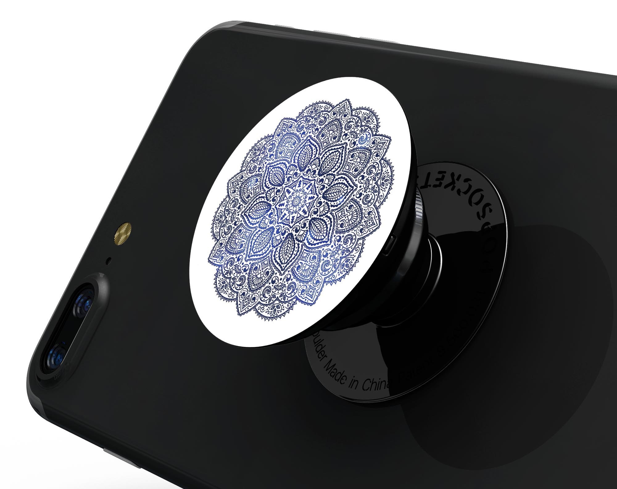 Dark Blue Indian Ornament Skin Kit for PopSockets featuring intricate patterns and vibrant colors on a premium vinyl material.