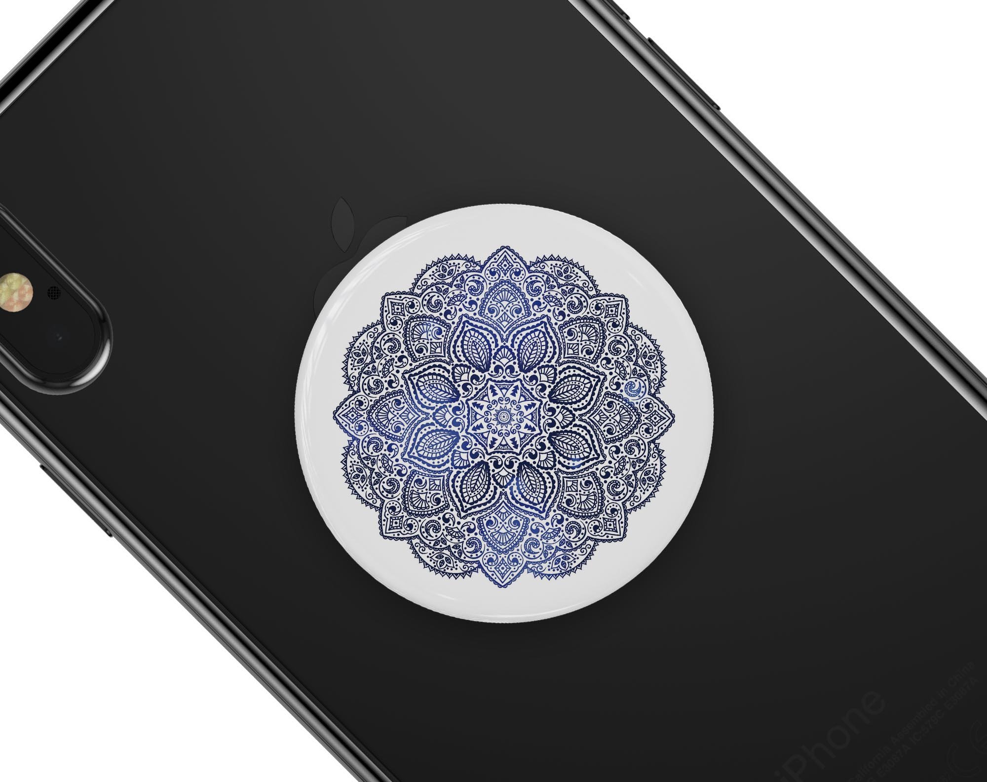 Dark Blue Indian Ornament Skin Kit for PopSockets featuring intricate patterns and vibrant colors on a premium vinyl material.