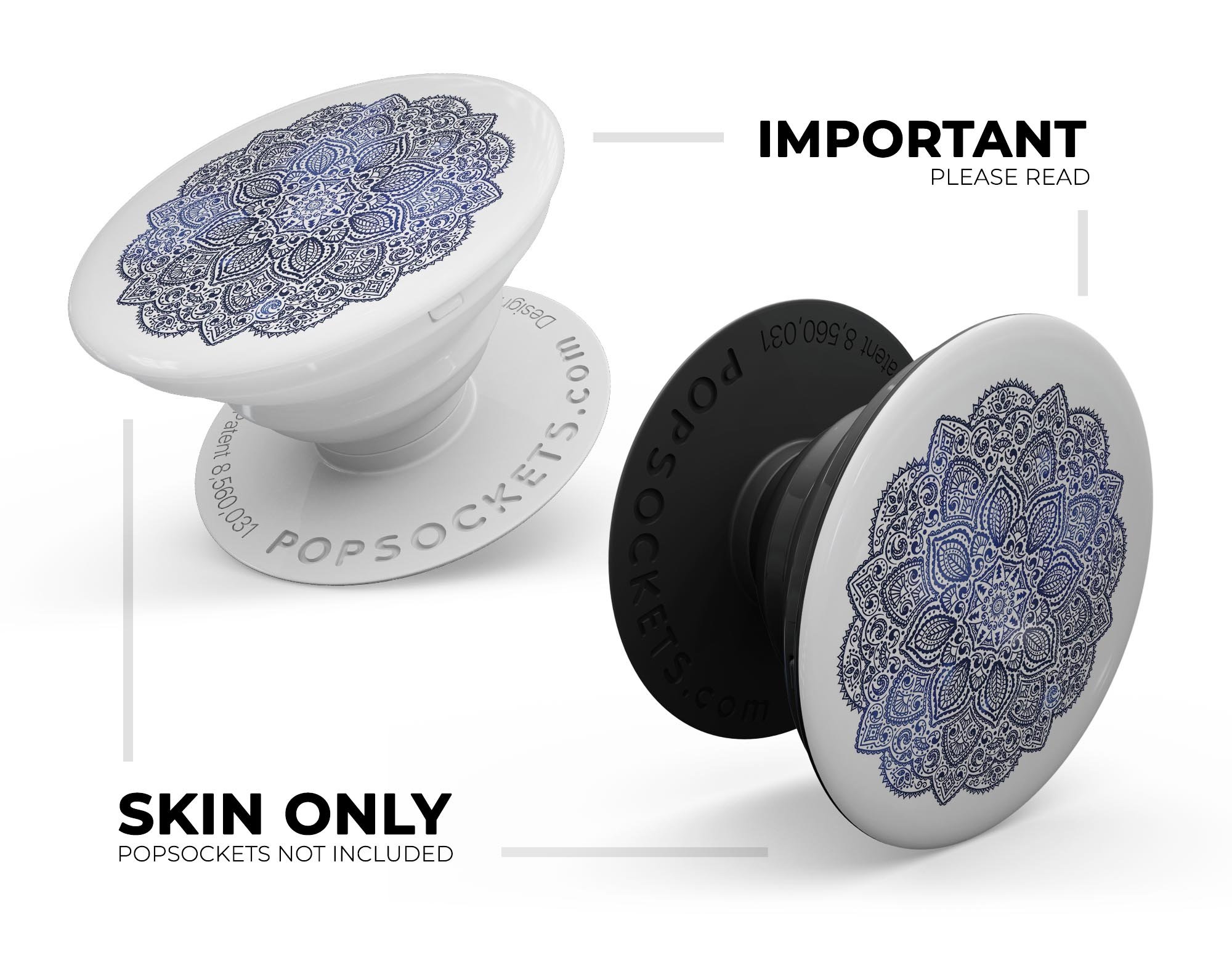 Dark Blue Indian Ornament Skin Kit for PopSockets featuring intricate patterns and vibrant colors on a premium vinyl material.