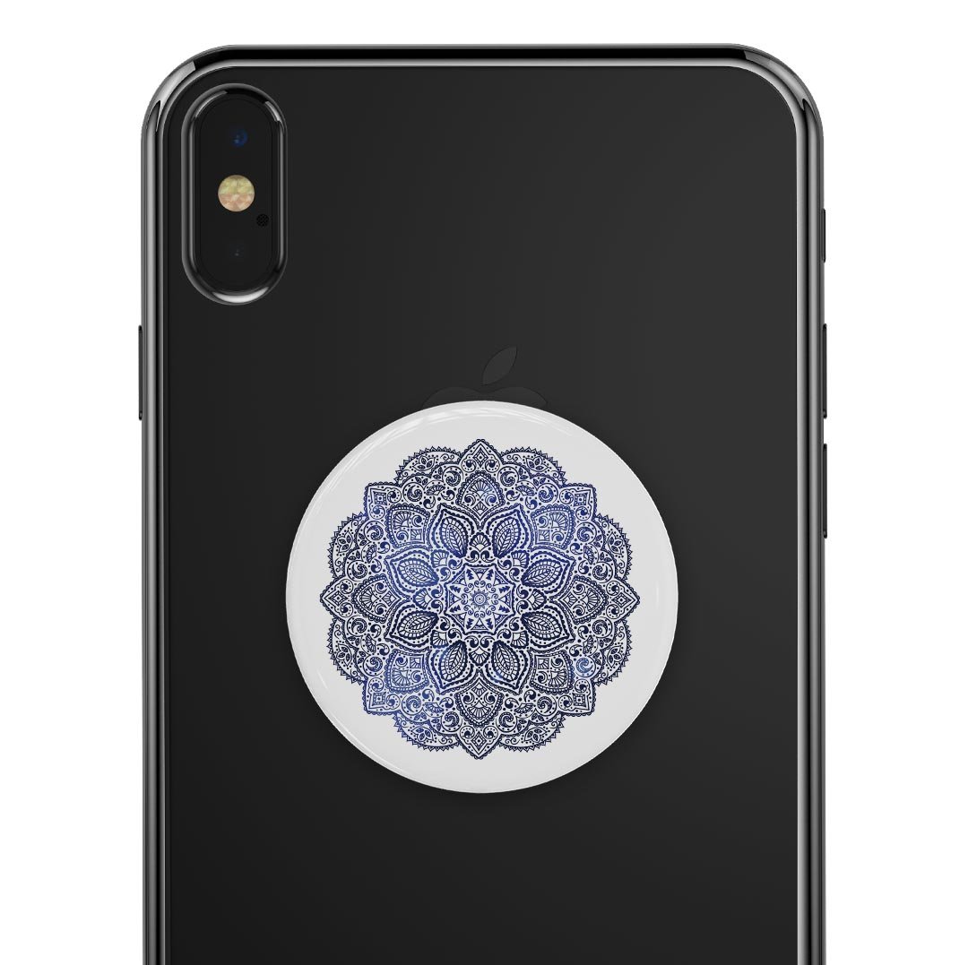 Dark Blue Indian Ornament Skin Kit for PopSockets featuring intricate patterns and vibrant colors on a premium vinyl material.