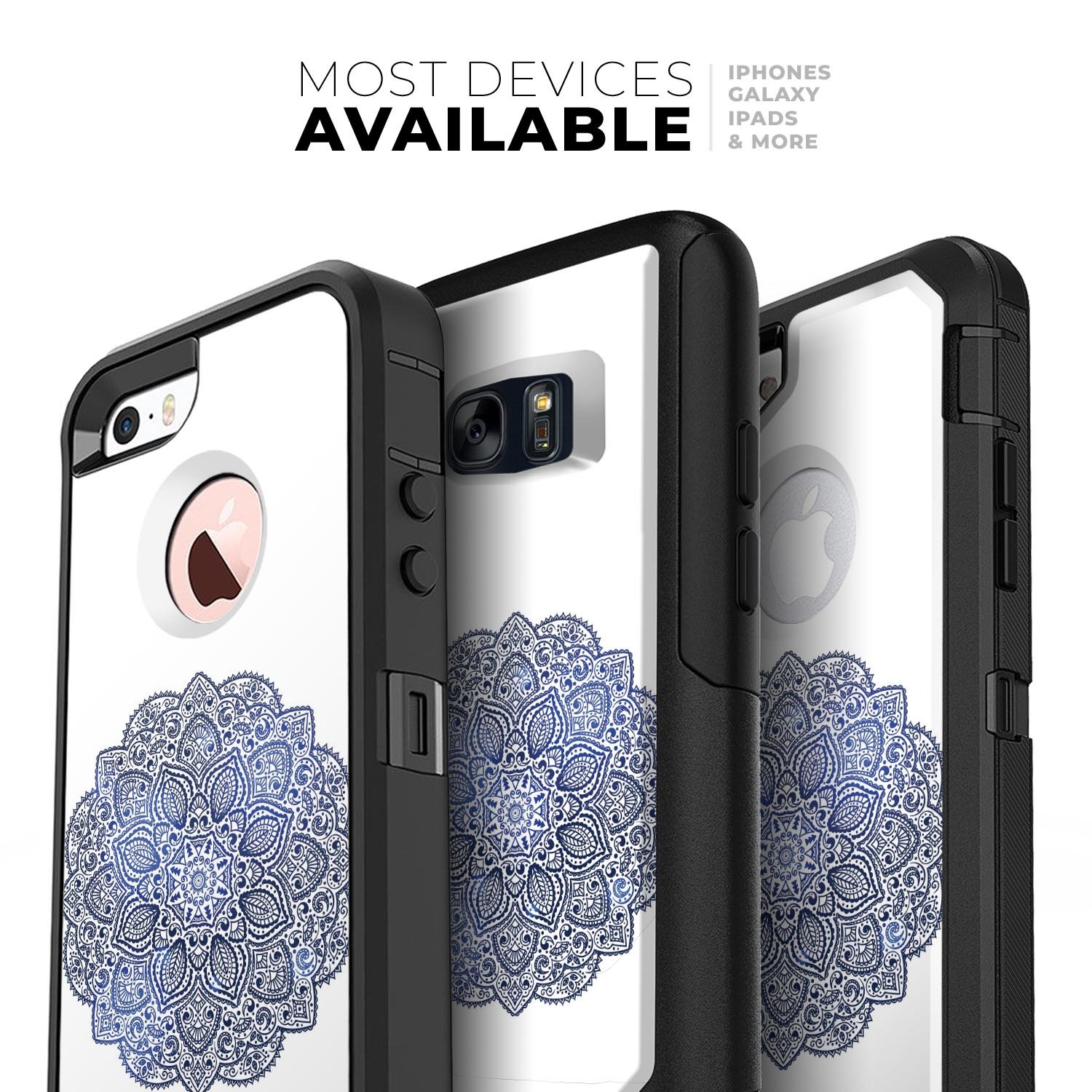 Dark Blue Indian Ornament Skin Kit for iPhone OtterBox cases, showcasing intricate design and premium quality.