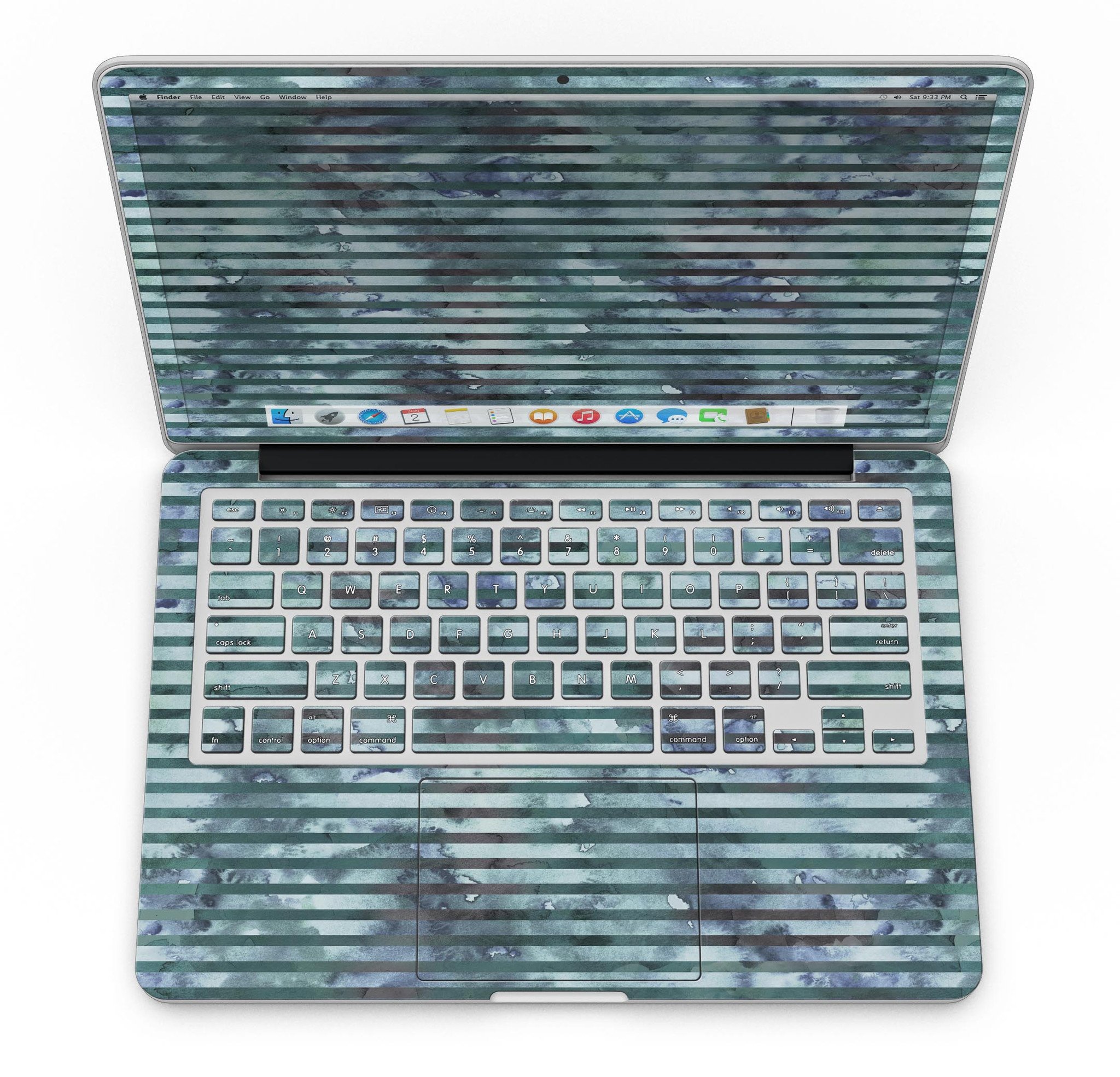 Dark blue watercolor stripes skin for MacBook Pro with Retina Display, showcasing a stylish design that protects the device.