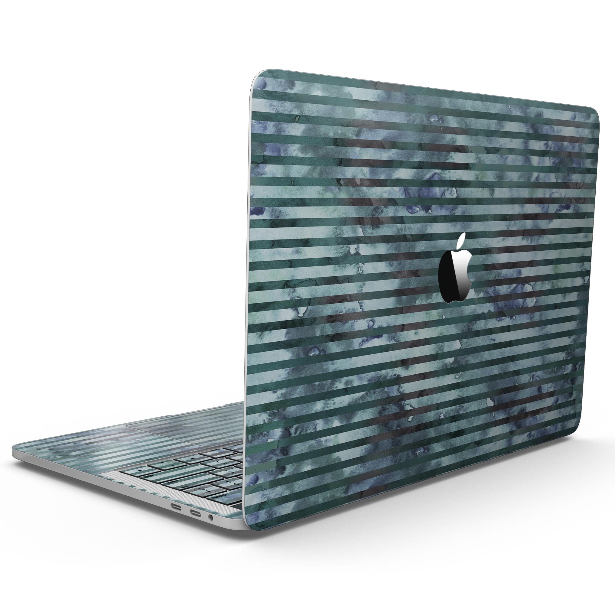 Dark Blue Watercolor Stripes skin kit for MacBook Pro with Touch Bar, showcasing vibrant colors and a sleek design.