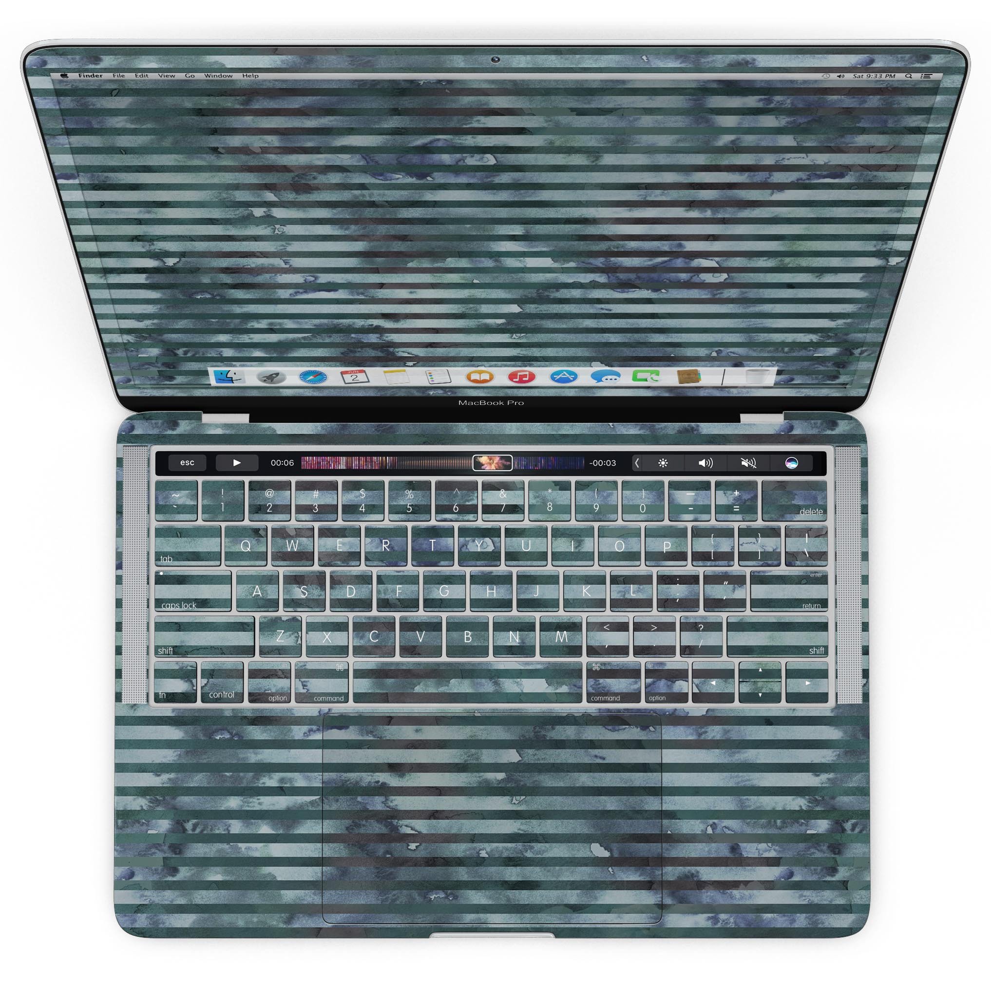 Dark Blue Watercolor Stripes skin kit for MacBook Pro with Touch Bar, showcasing vibrant colors and a sleek design.