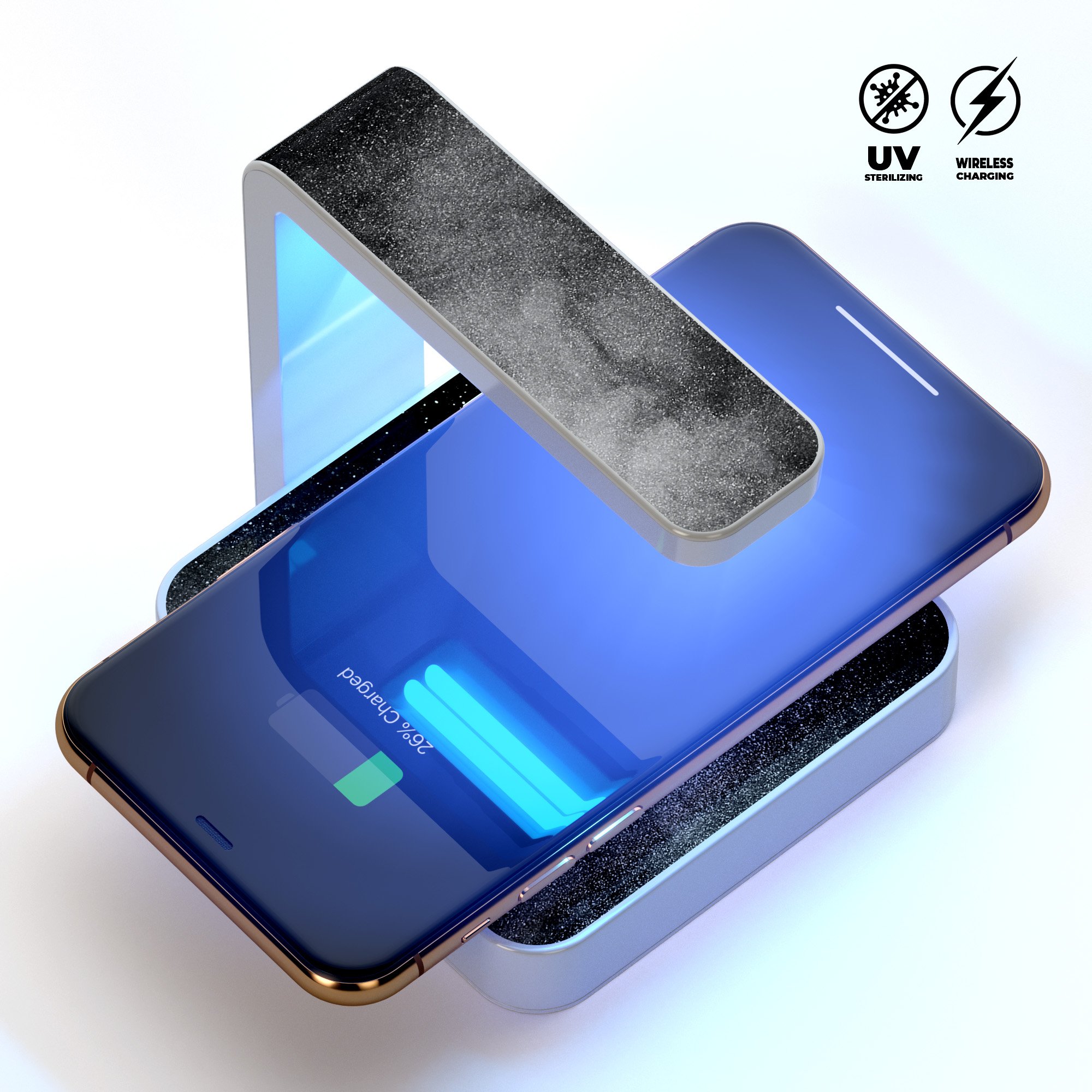 Dark Dust Powder UV Germicidal Sanitizing Wireless Smart Charger with phone on top, showcasing its sleek design and sterilizing lamp.