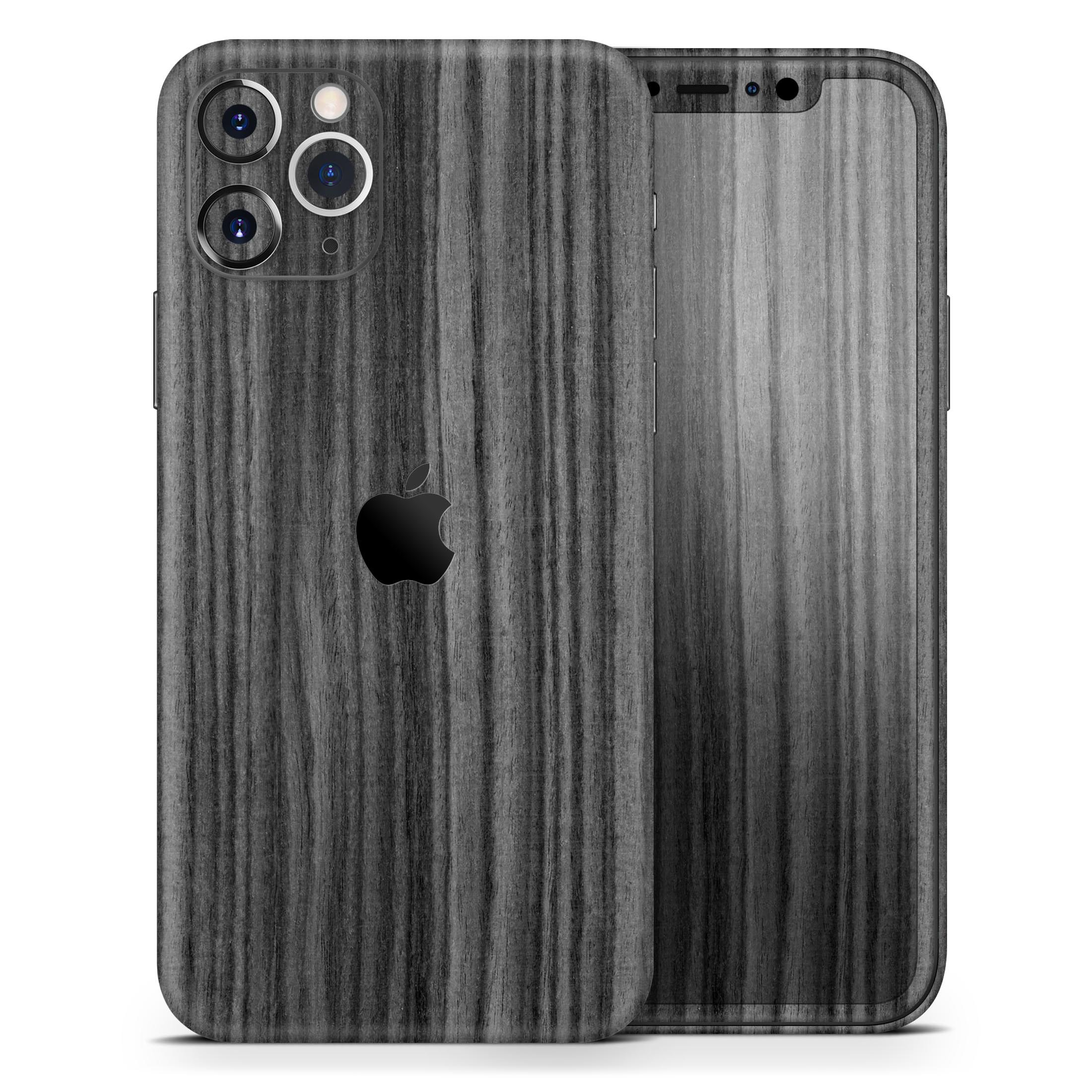 Dark Ebony Woodgrain Skin-Kit for Apple iPhone 13, showcasing a stylish woodgrain design with a premium finish.