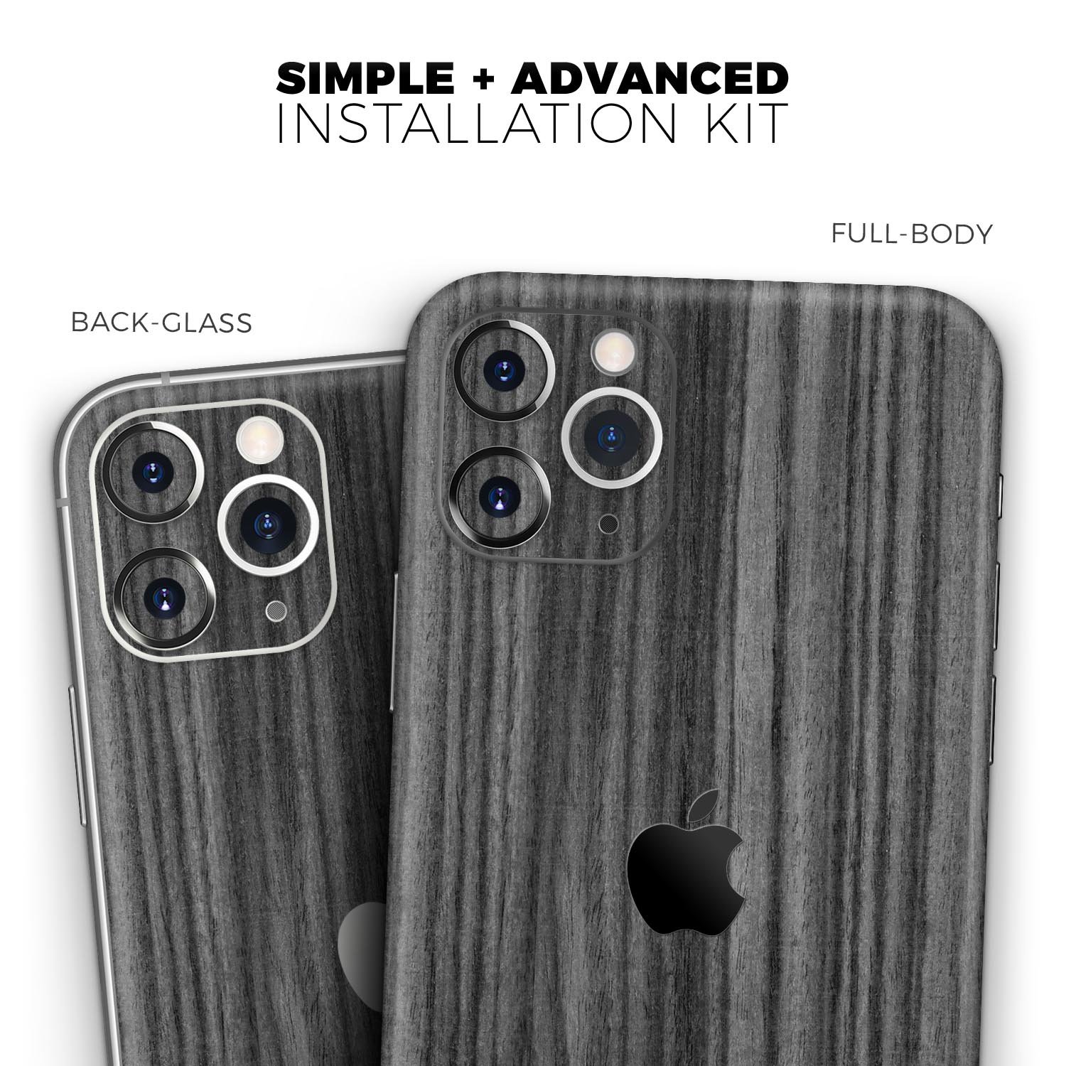 Dark Ebony Woodgrain Skin-Kit for Apple iPhone 13, showcasing a stylish woodgrain design with a premium finish.