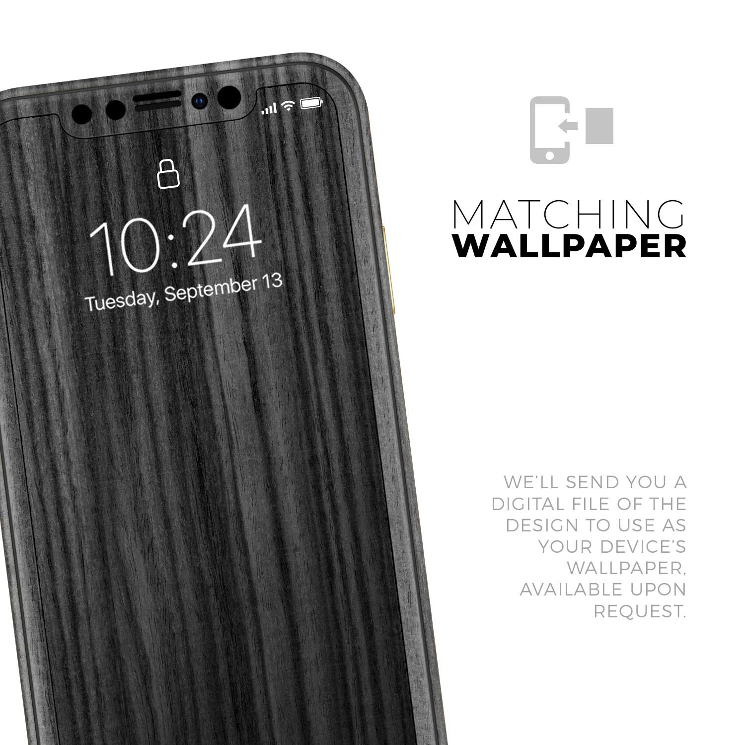 Dark Ebony Woodgrain Skin-Kit for Apple iPhone 13, showcasing a stylish woodgrain design with a premium finish.