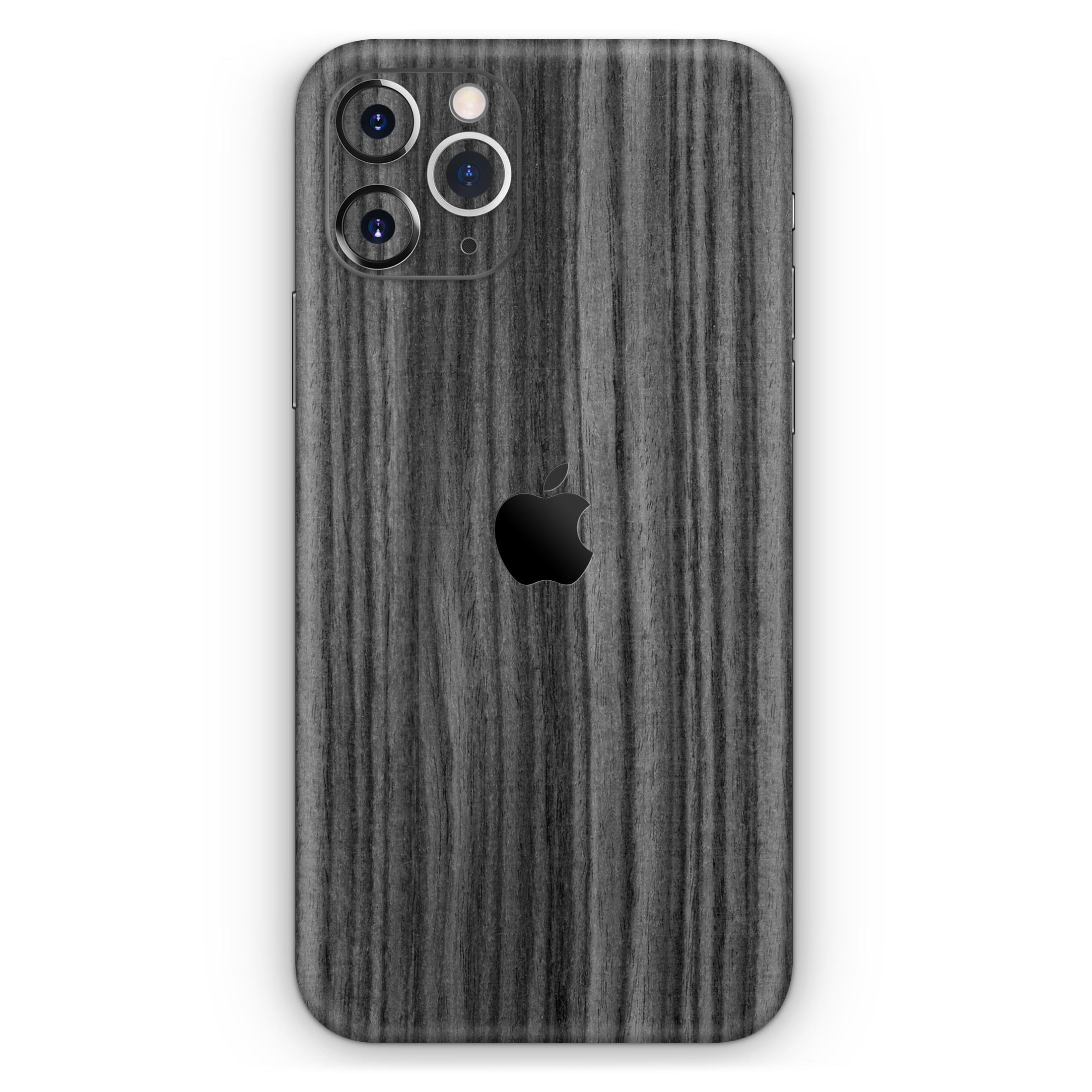 Dark Ebony Woodgrain Skin-Kit for Apple iPhone 13, showcasing a stylish woodgrain design with a premium finish.