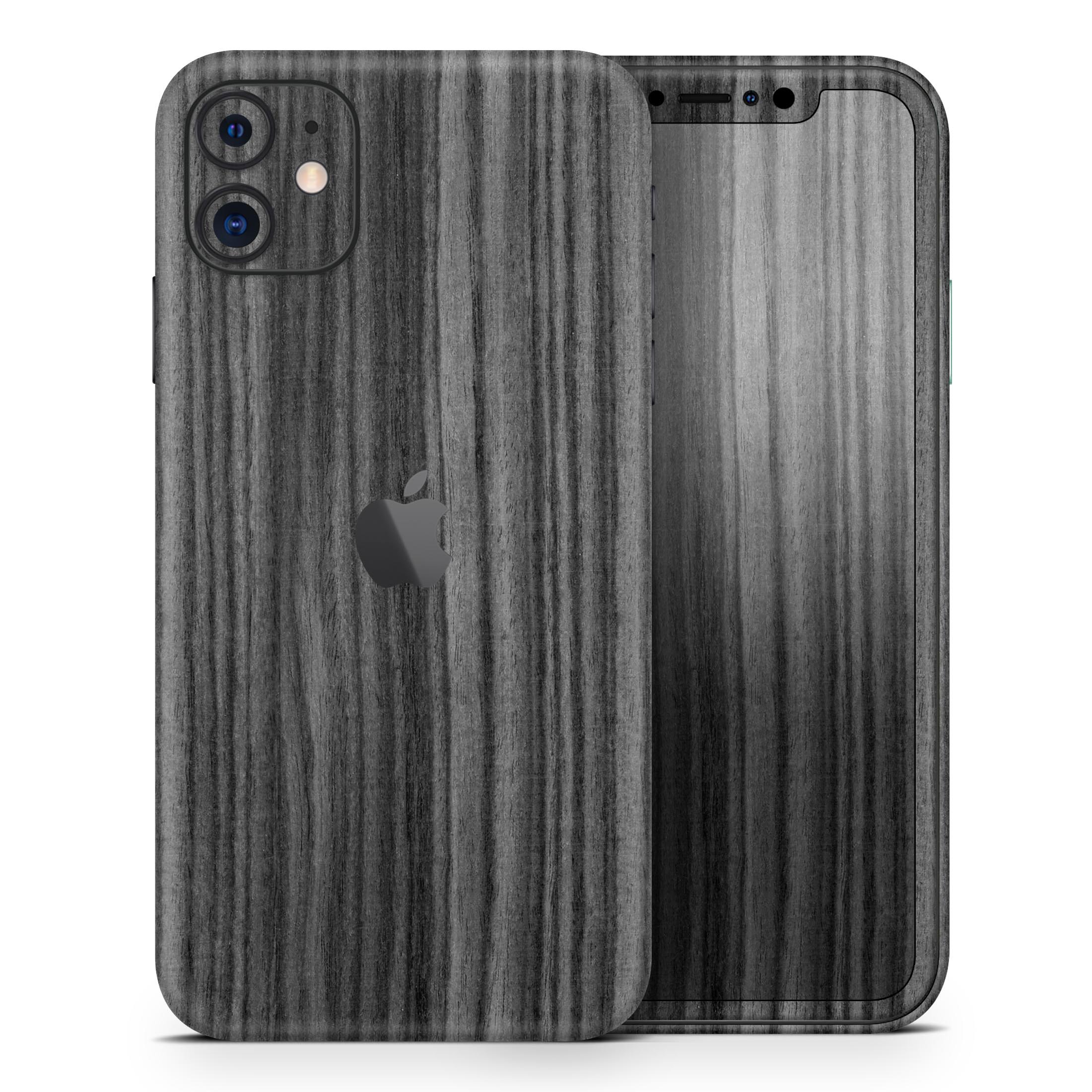 Dark Ebony Woodgrain Skin-Kit for Apple iPhone 13, showcasing a stylish woodgrain design with a premium finish.