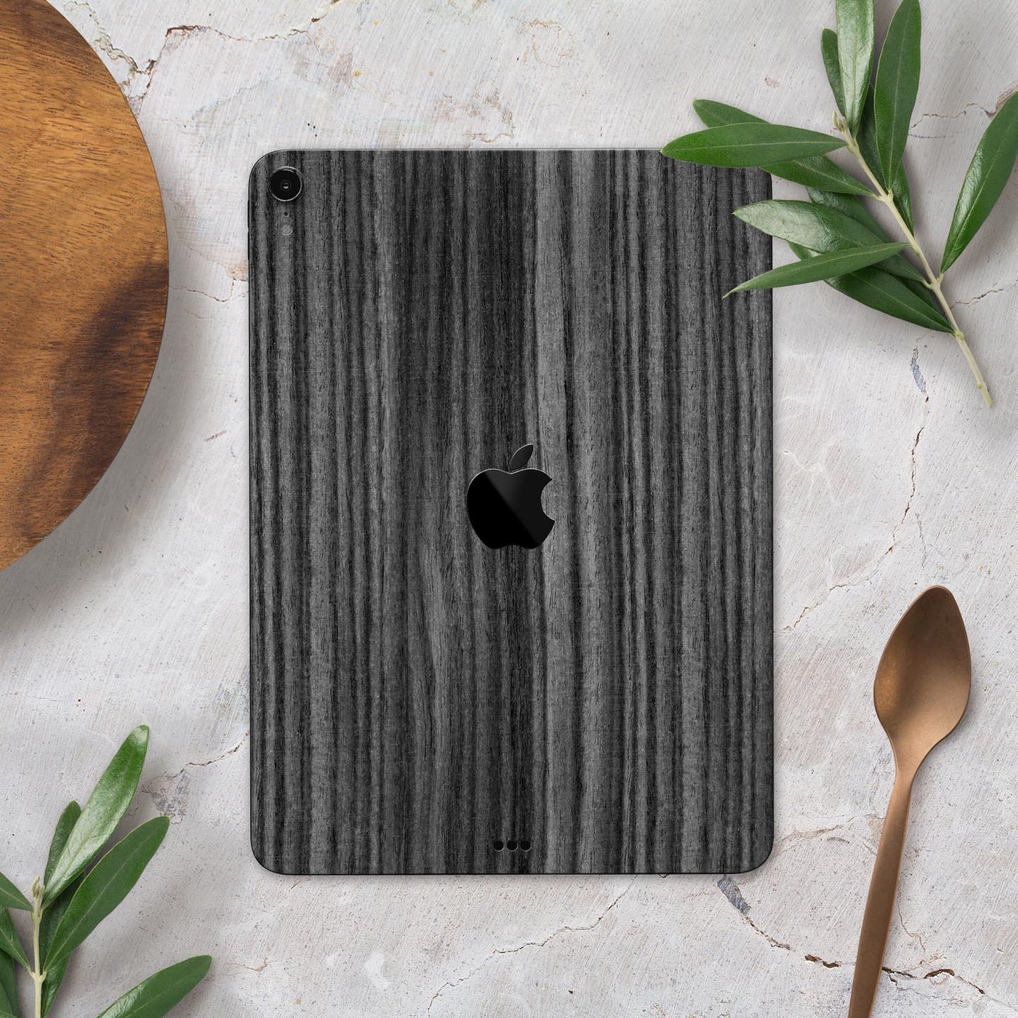 Dark Ebony Woodgrain skin decal for Apple iPad Pro, showcasing a sleek wood finish and precise cutouts for device features.