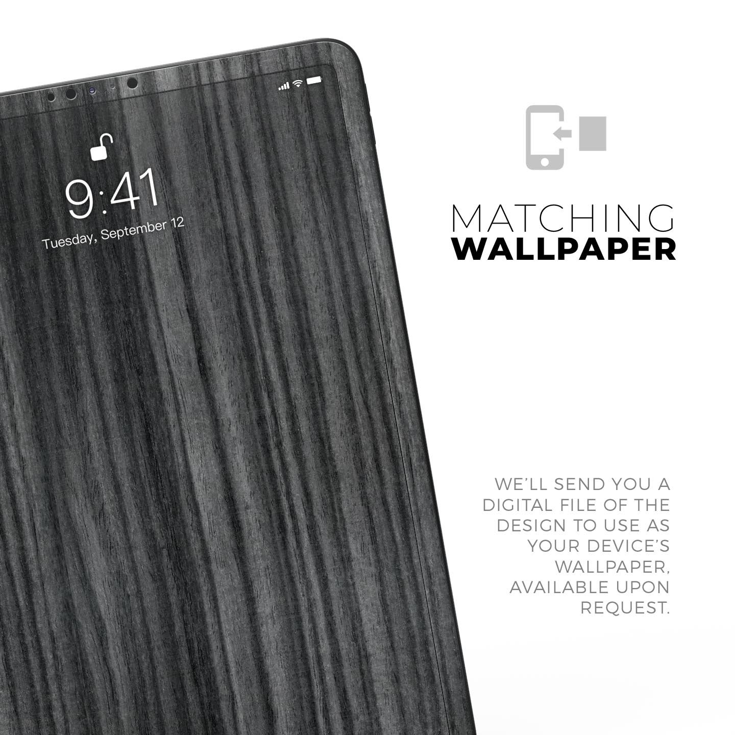 Dark Ebony Woodgrain skin decal for Apple iPad Pro, showcasing a sleek wood finish and precise cutouts for device features.