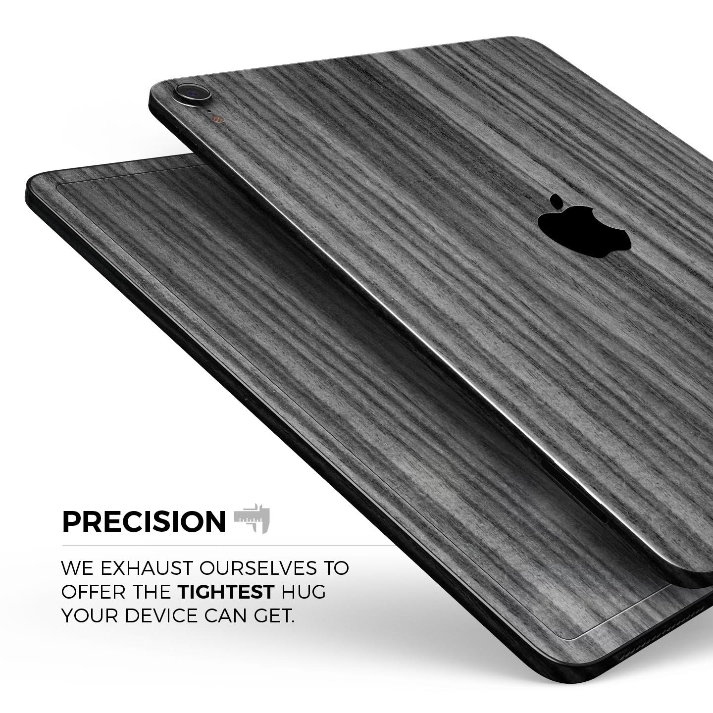 Dark Ebony Woodgrain skin decal for Apple iPad Pro, showcasing a sleek wood finish and precise cutouts for device features.