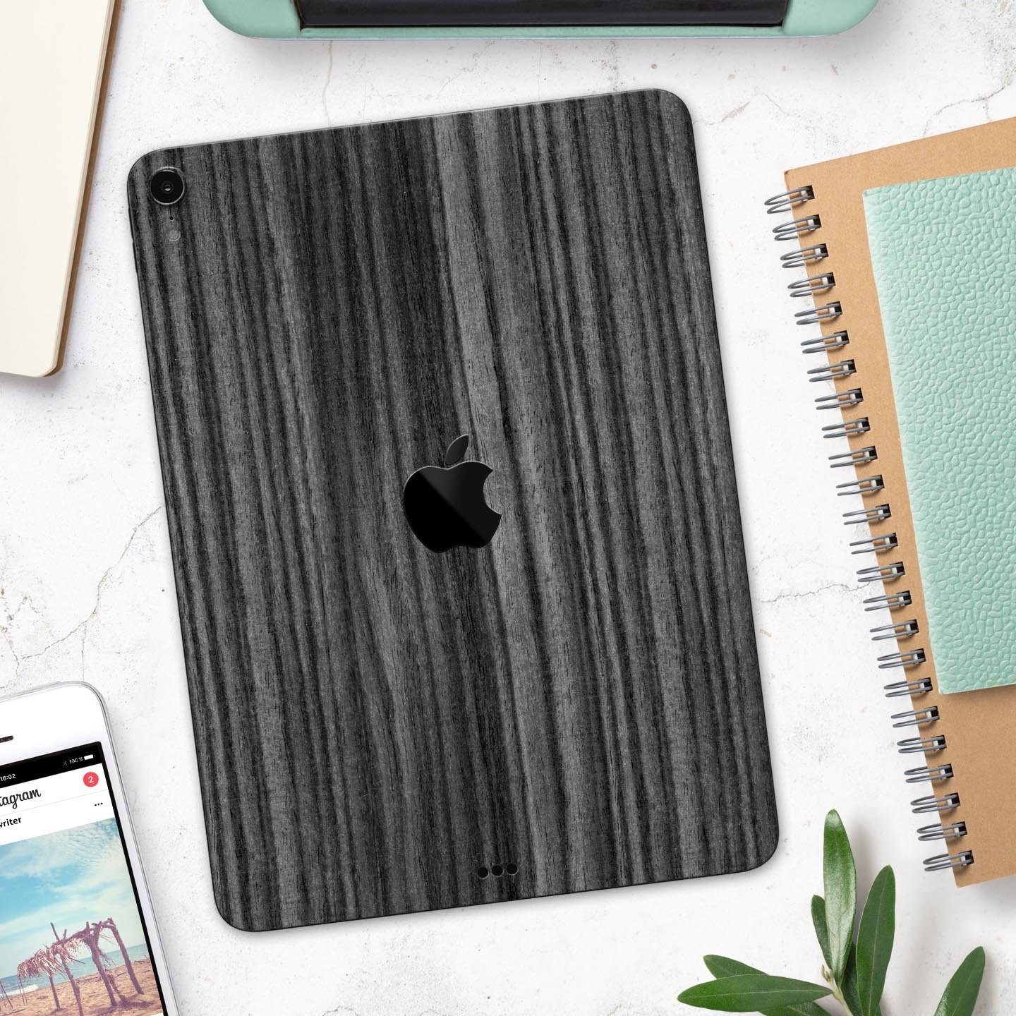 Dark Ebony Woodgrain skin decal for Apple iPad Pro, showcasing a sleek wood finish and precise cutouts for device features.