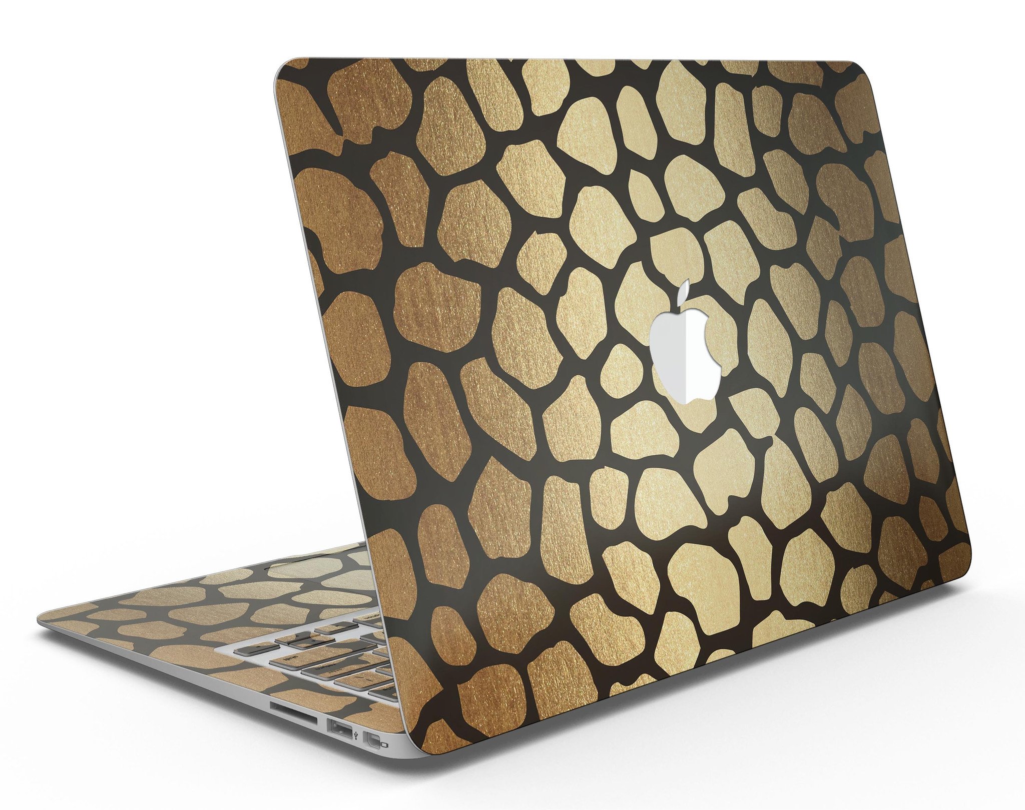 Dark Gold Flaked Animal v2 MacBook Air Skin Kit showcasing premium vinyl design with gold flakes.