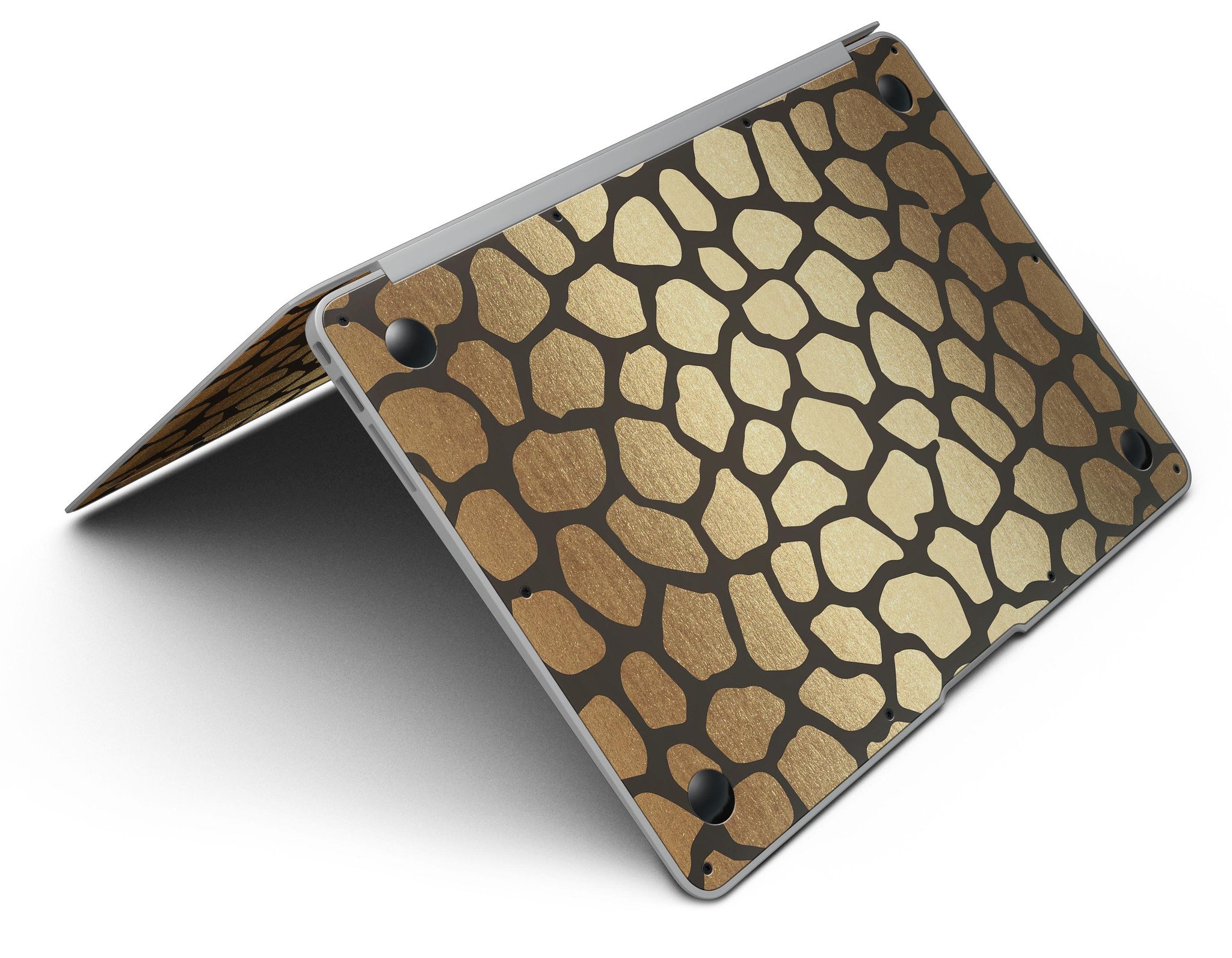 Dark Gold Flaked Animal v2 MacBook Air Skin Kit showcasing premium vinyl design with gold flakes.