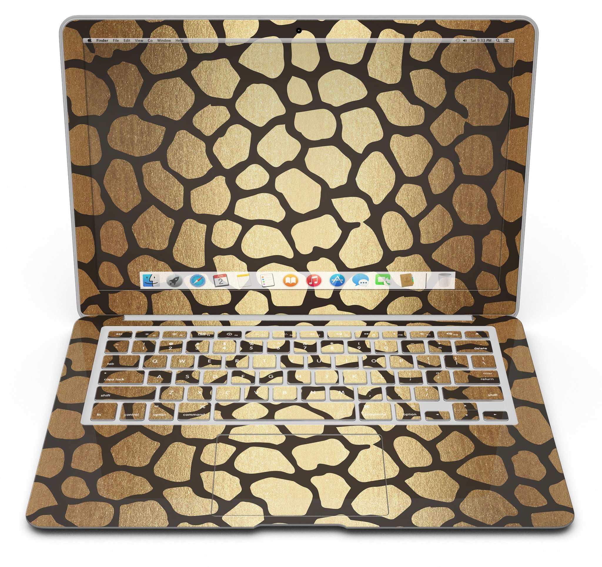 Dark Gold Flaked Animal v2 MacBook Air Skin Kit showcasing premium vinyl design with gold flakes.