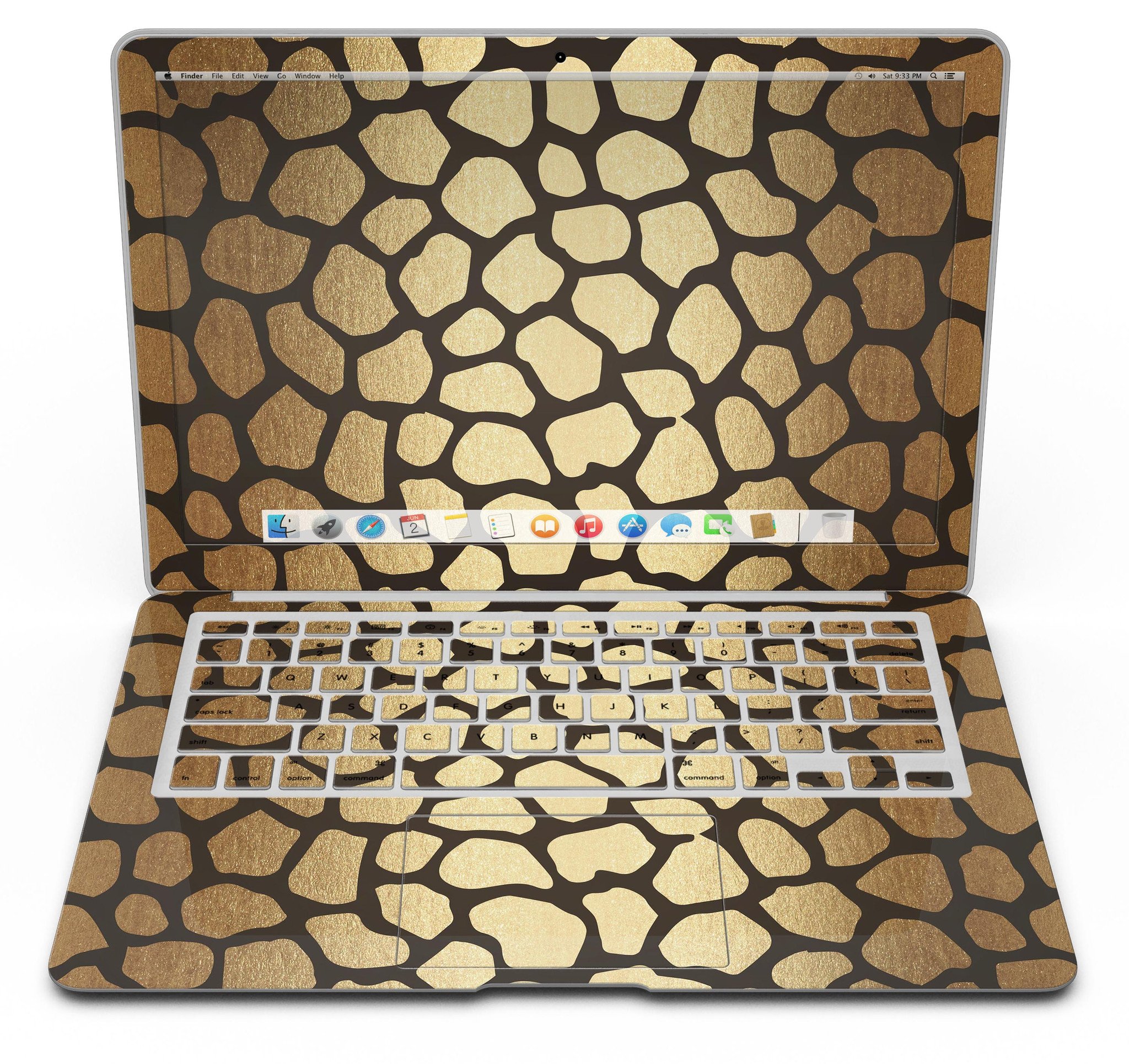 Dark Gold Flaked Animal v2 MacBook Air Skin Kit showcasing premium vinyl design with gold flakes.