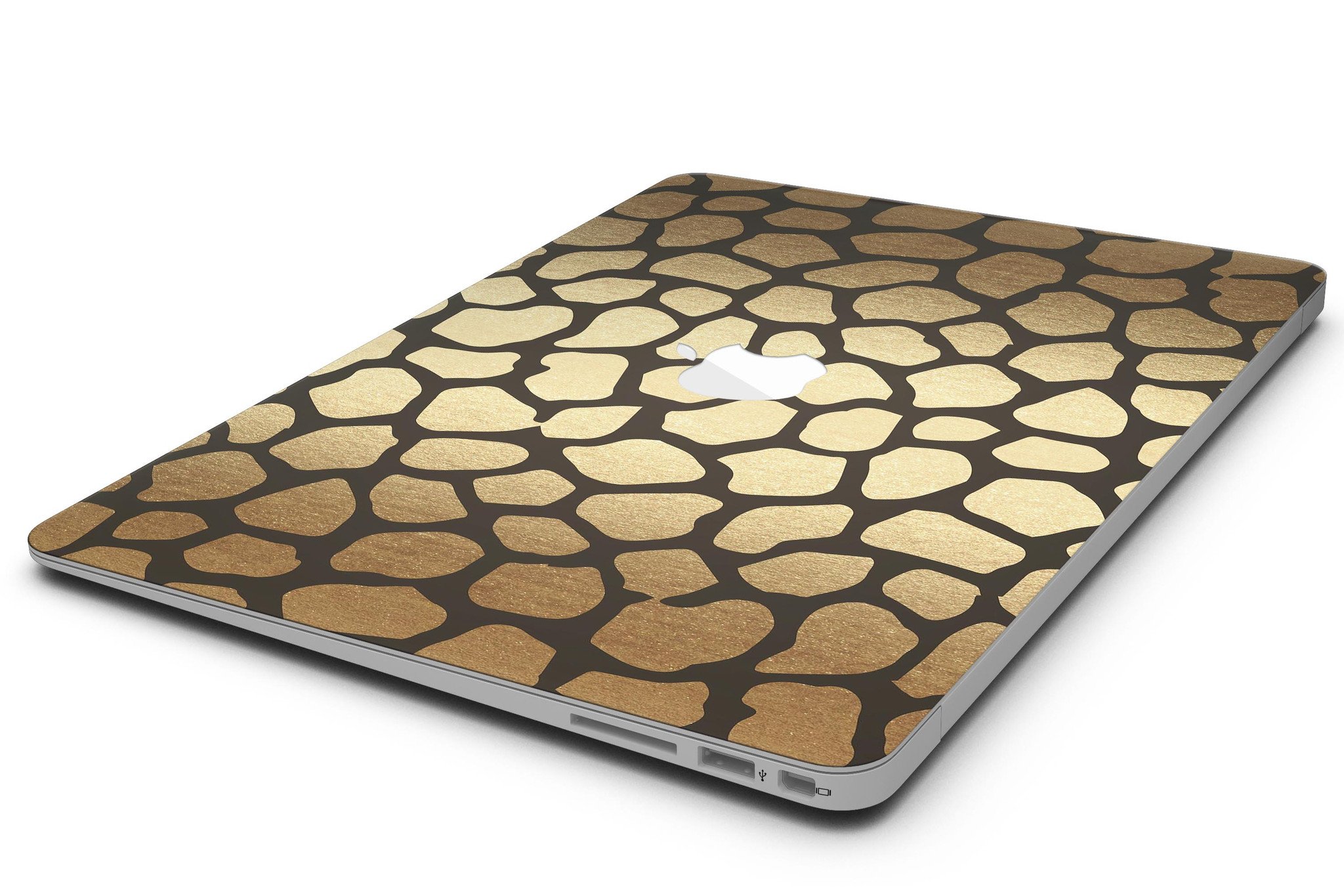 Dark Gold Flaked Animal v2 MacBook Air Skin Kit showcasing premium vinyl design with gold flakes.