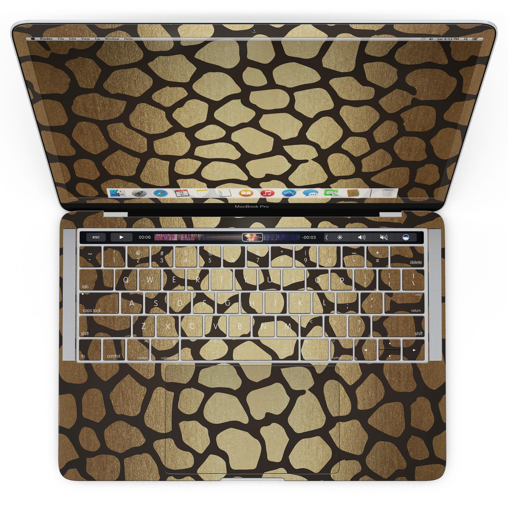 Dark Gold Flaked Animal v2 skin kit for MacBook Pro with Touch Bar, showcasing a stylish design and premium vinyl material.