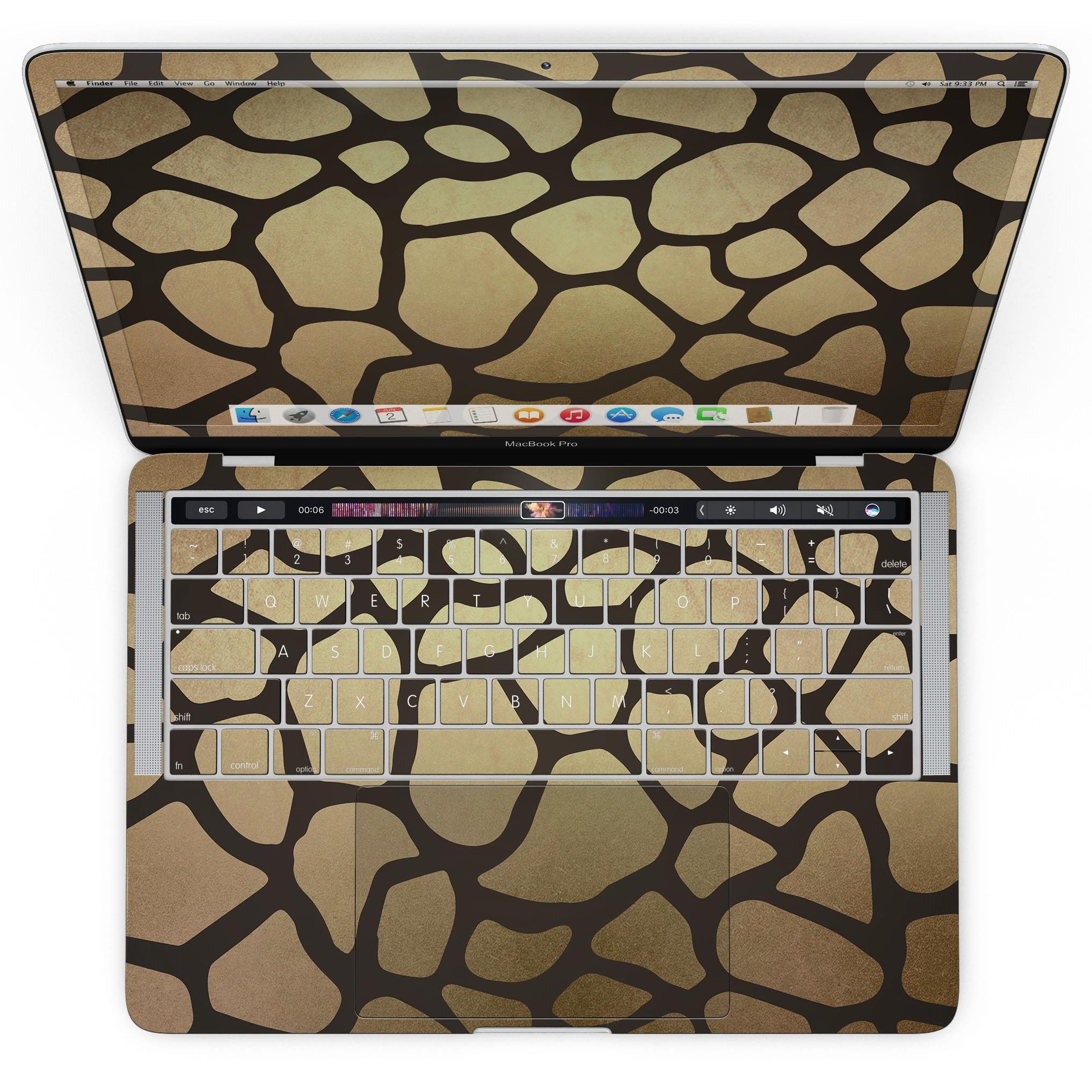 Dark Gold Flaked Skin Kit for MacBook Pro with Touch Bar, showcasing a stylish design and premium vinyl material.