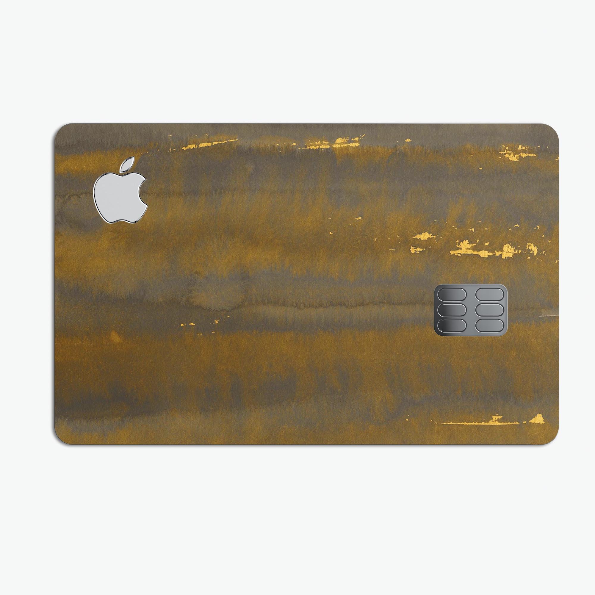 Dark Gold Reflection decal with gold specks applied to an Apple Card, showcasing its premium design and protective features.