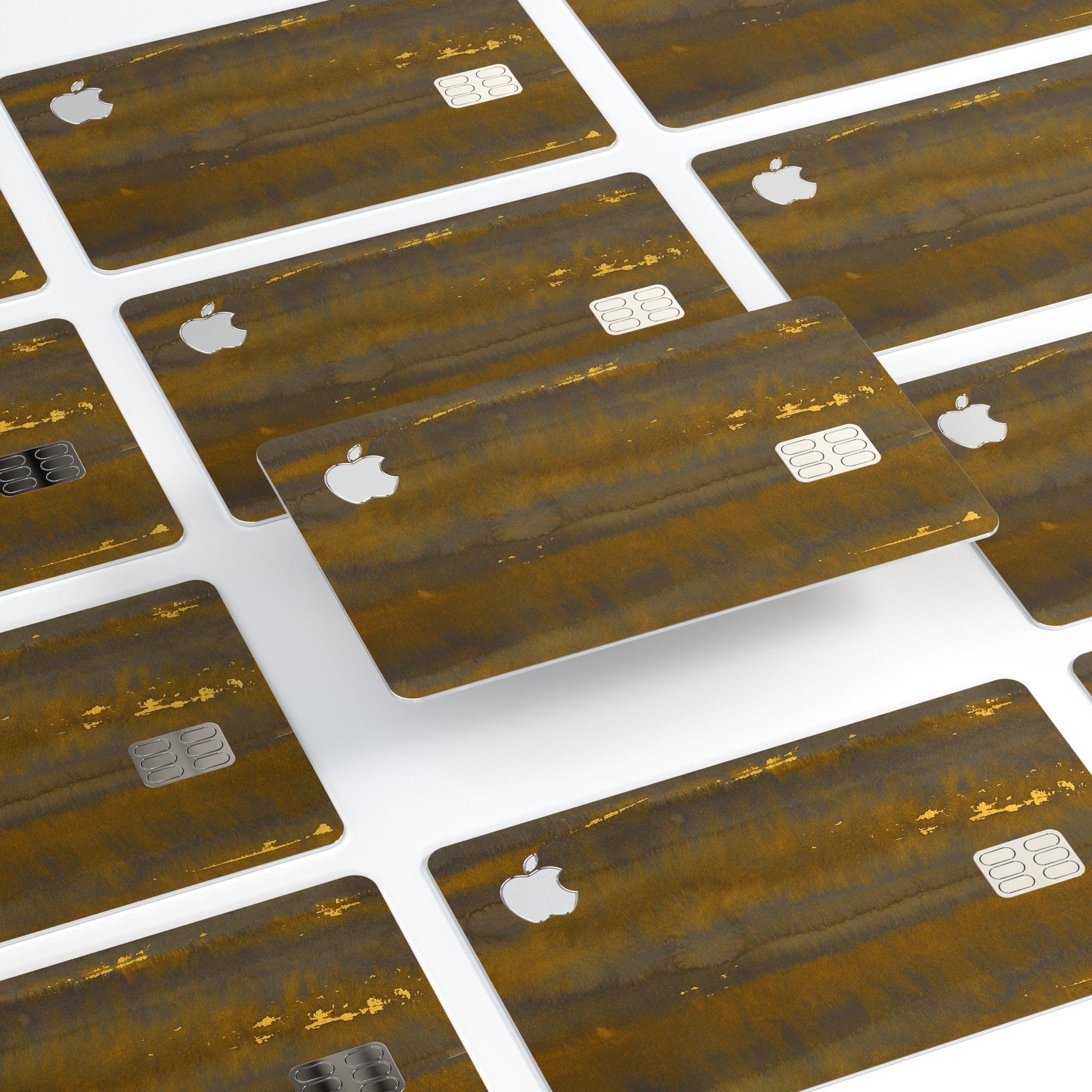 Dark Gold Reflection decal with gold specks applied to an Apple Card, showcasing its premium design and protective features.