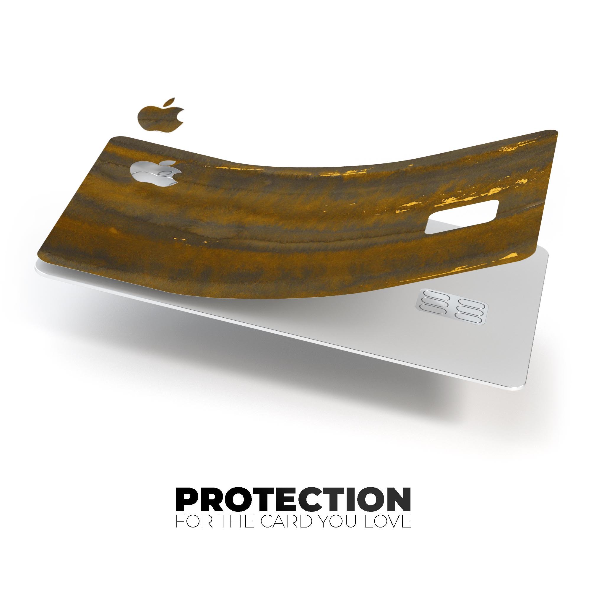 Dark Gold Reflection decal with gold specks applied to an Apple Card, showcasing its premium design and protective features.