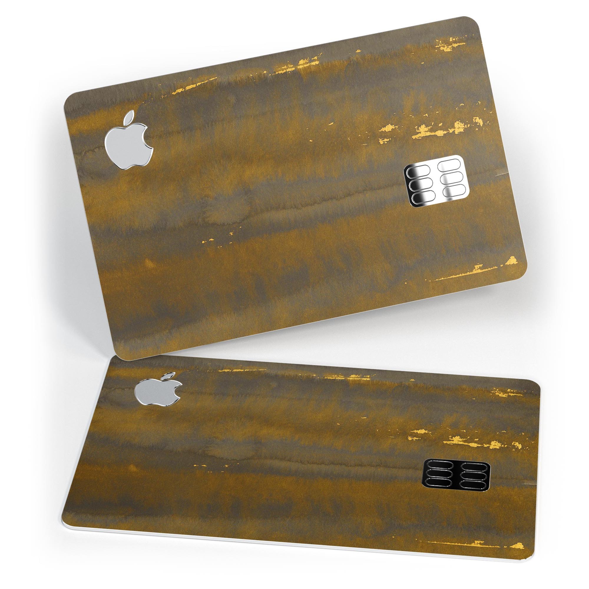 Dark Gold Reflection decal with gold specks applied to an Apple Card, showcasing its premium design and protective features.