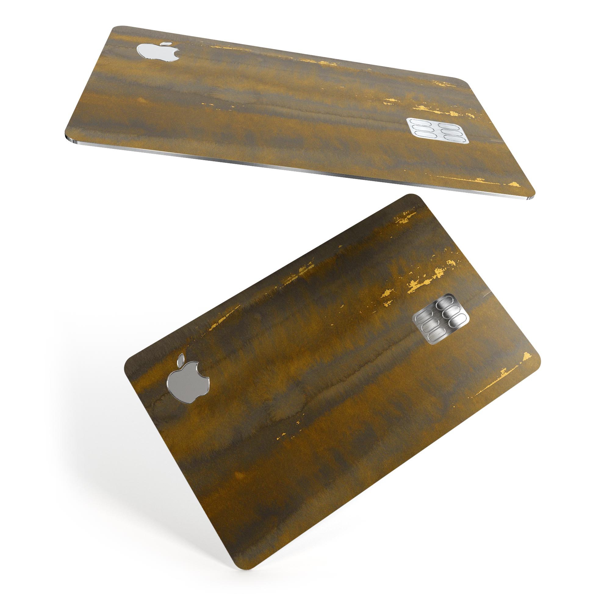 Dark Gold Reflection decal with gold specks applied to an Apple Card, showcasing its premium design and protective features.