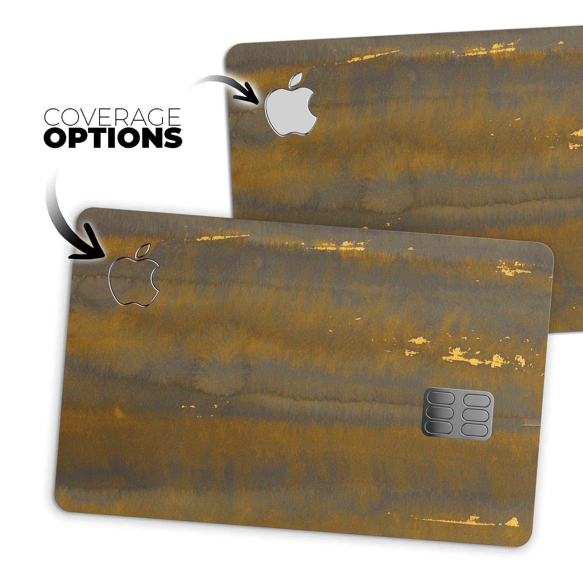 Dark Gold Reflection decal with gold specks applied to an Apple Card, showcasing its premium design and protective features.