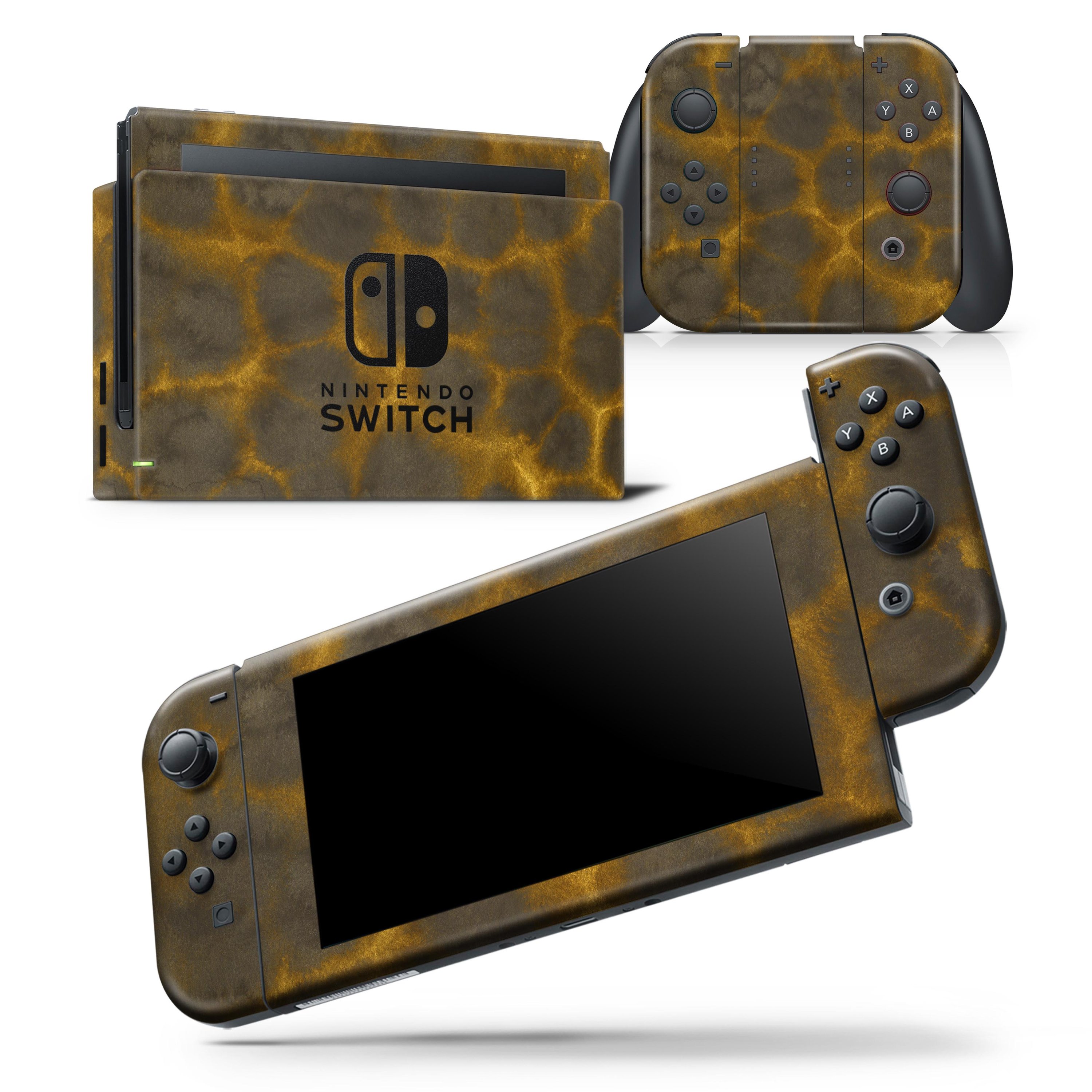 Dark Gray and Golden Honeycomb skin wrap decal for Nintendo Switch, showcasing a stylish design that fits the console and controllers perfectly.