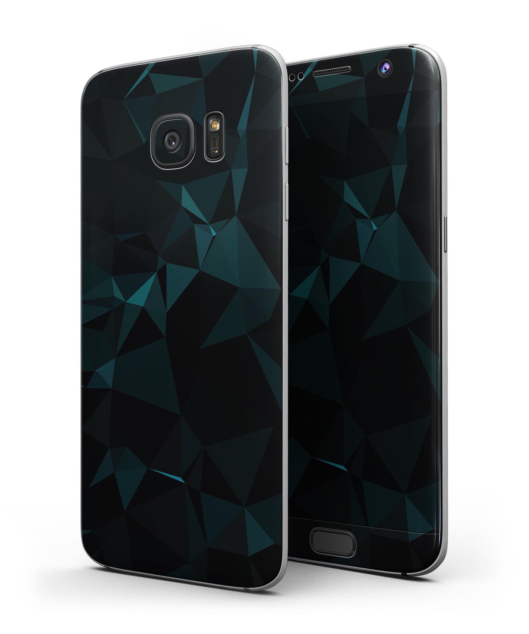 Dark green and black geometric triangles skin kit for Samsung Galaxy S7 and S7 Edge, showcasing a stylish design with full-body coverage.