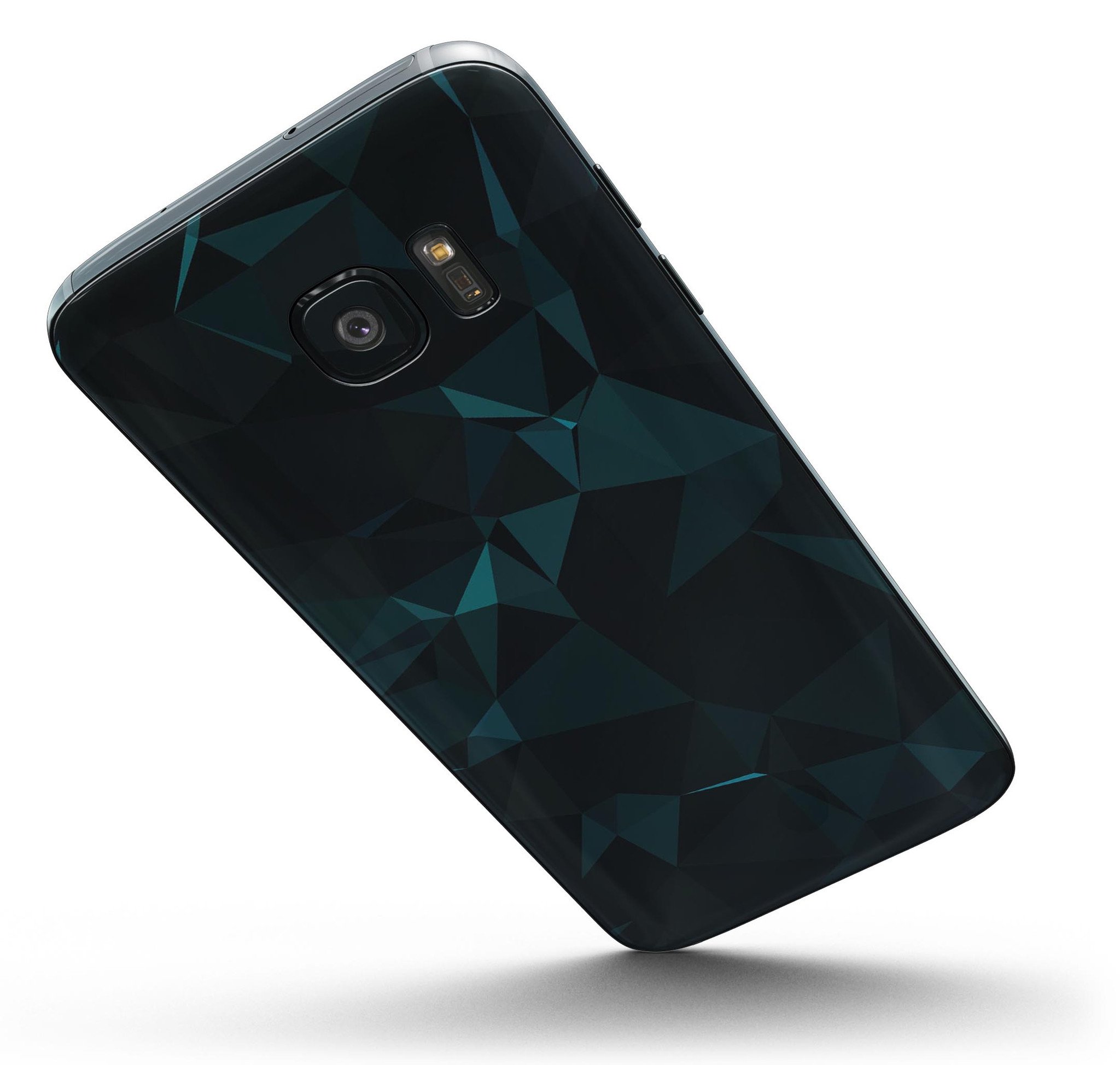 Dark green and black geometric triangles skin kit for Samsung Galaxy S7 and S7 Edge, showcasing a stylish design with full-body coverage.