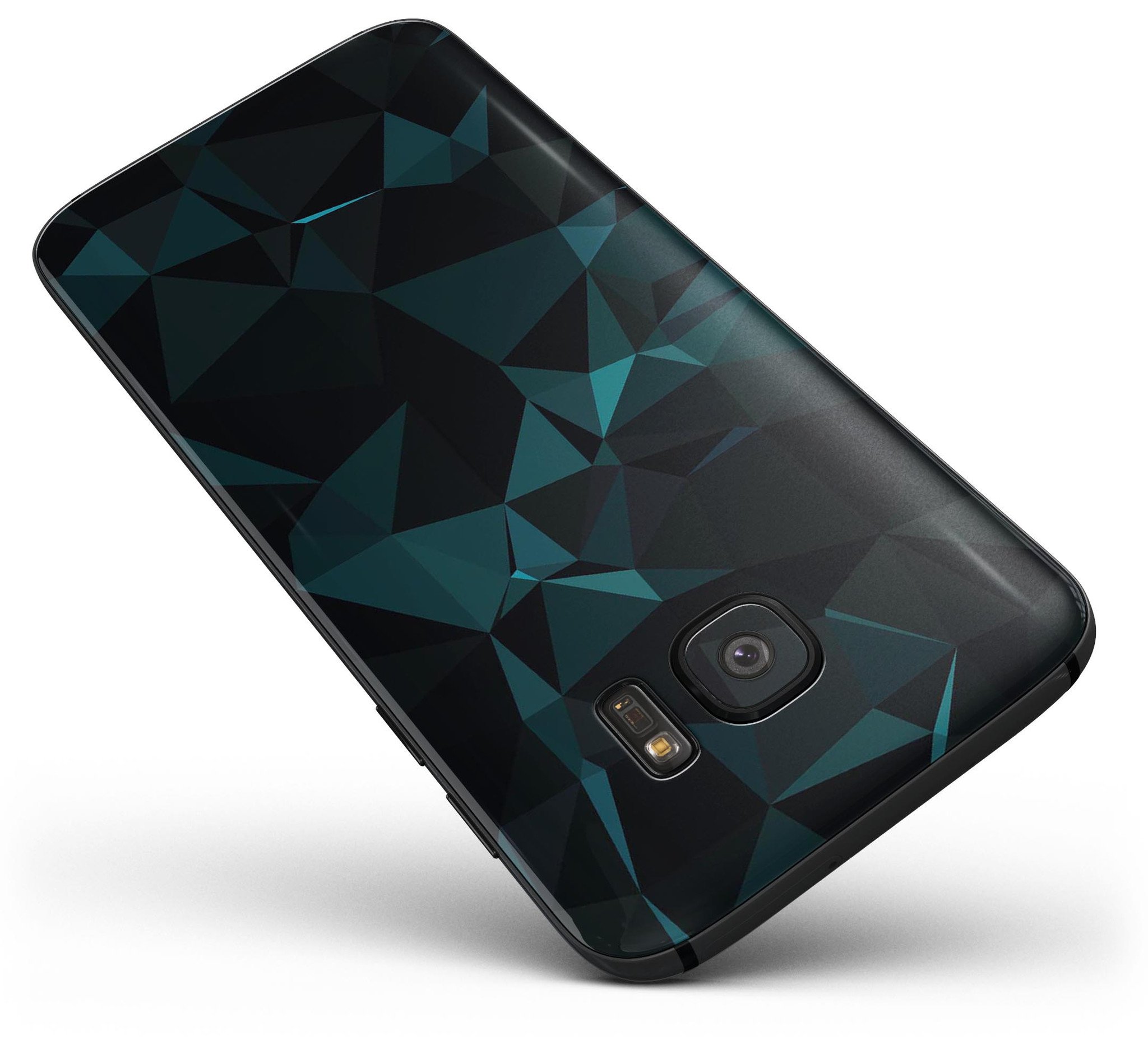 Dark green and black geometric triangles skin kit for Samsung Galaxy S7 and S7 Edge, showcasing a stylish design with full-body coverage.