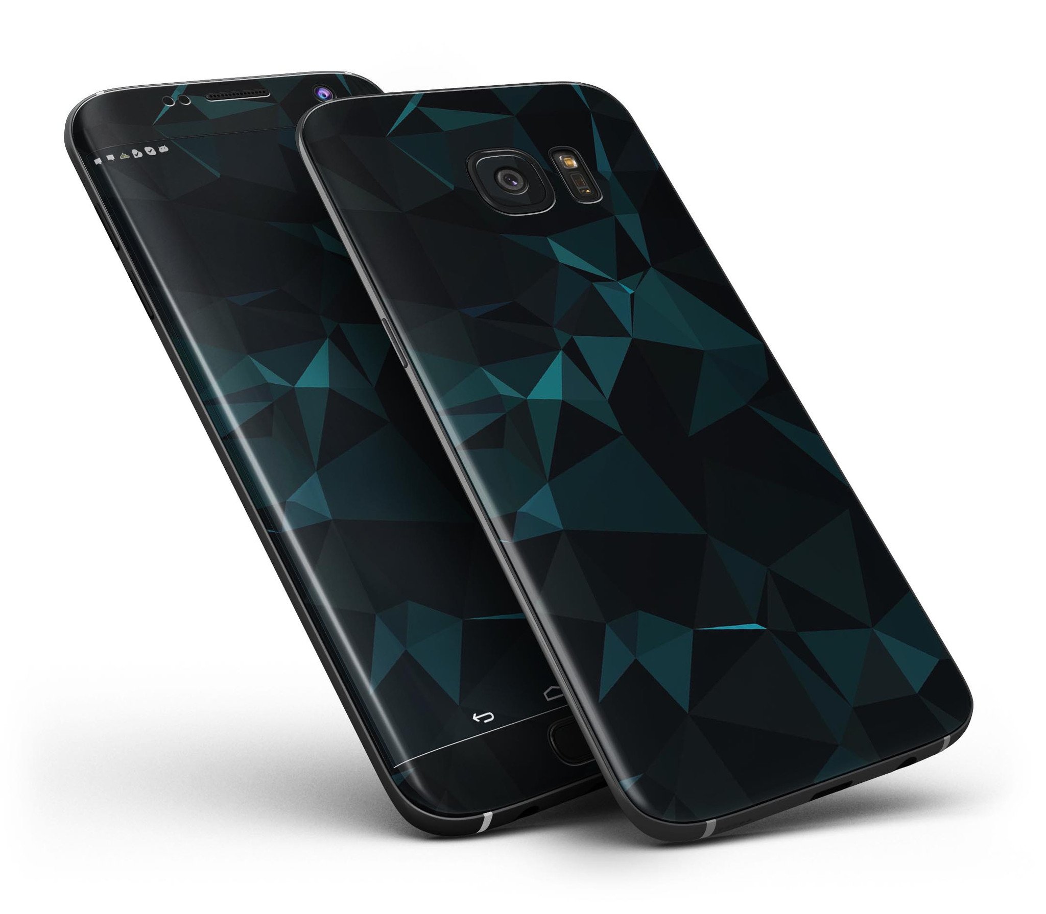 Dark green and black geometric triangles skin kit for Samsung Galaxy S7 and S7 Edge, showcasing a stylish design with full-body coverage.