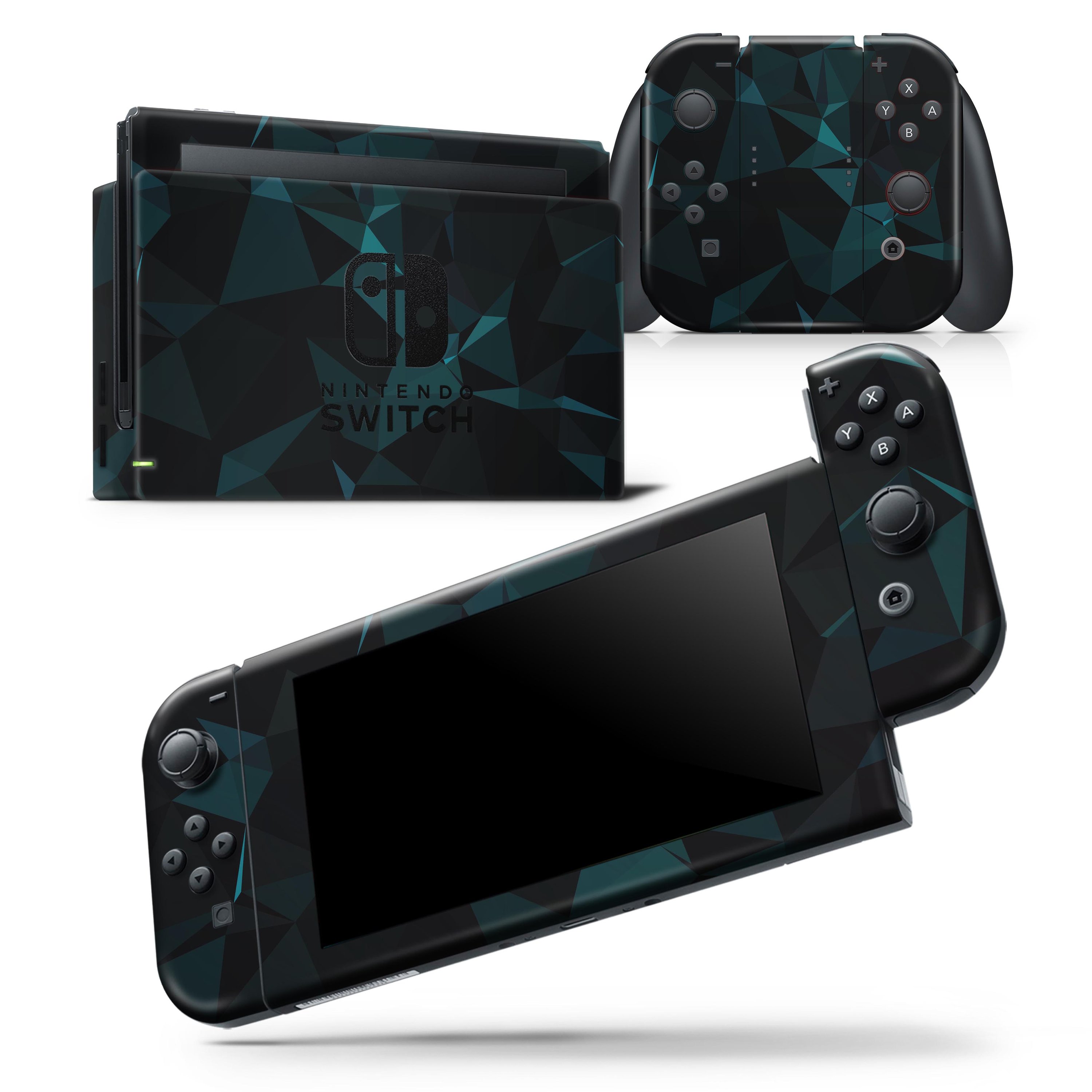 Dark Green and Black Geometric Triangles skin wrap decal for Nintendo Switch, showcasing a stylish design that fits snugly on the console and controllers.