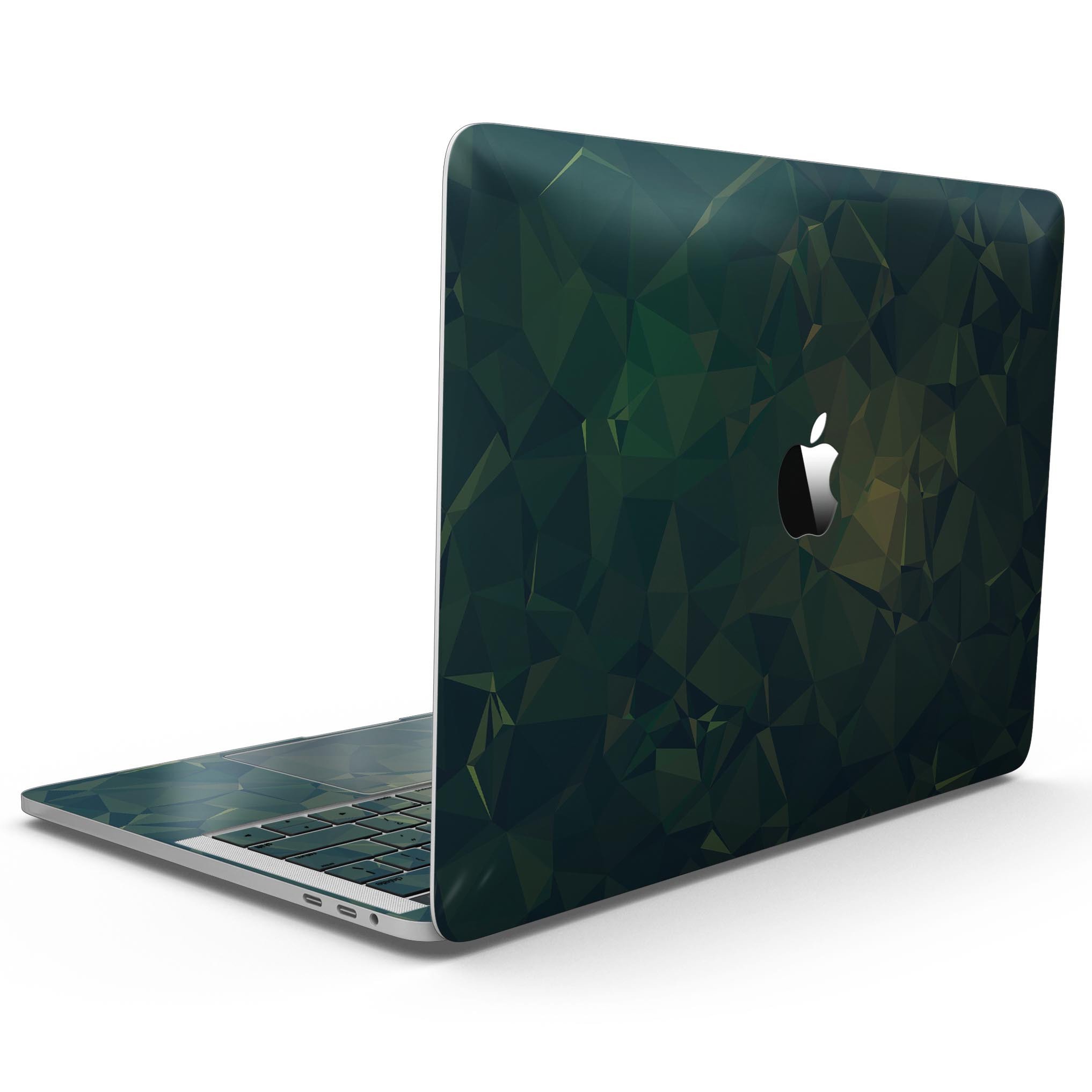 Dark Green Geometric V12 skin for MacBook Pro with Touch Bar, showcasing a stylish geometric design on a sleek laptop.