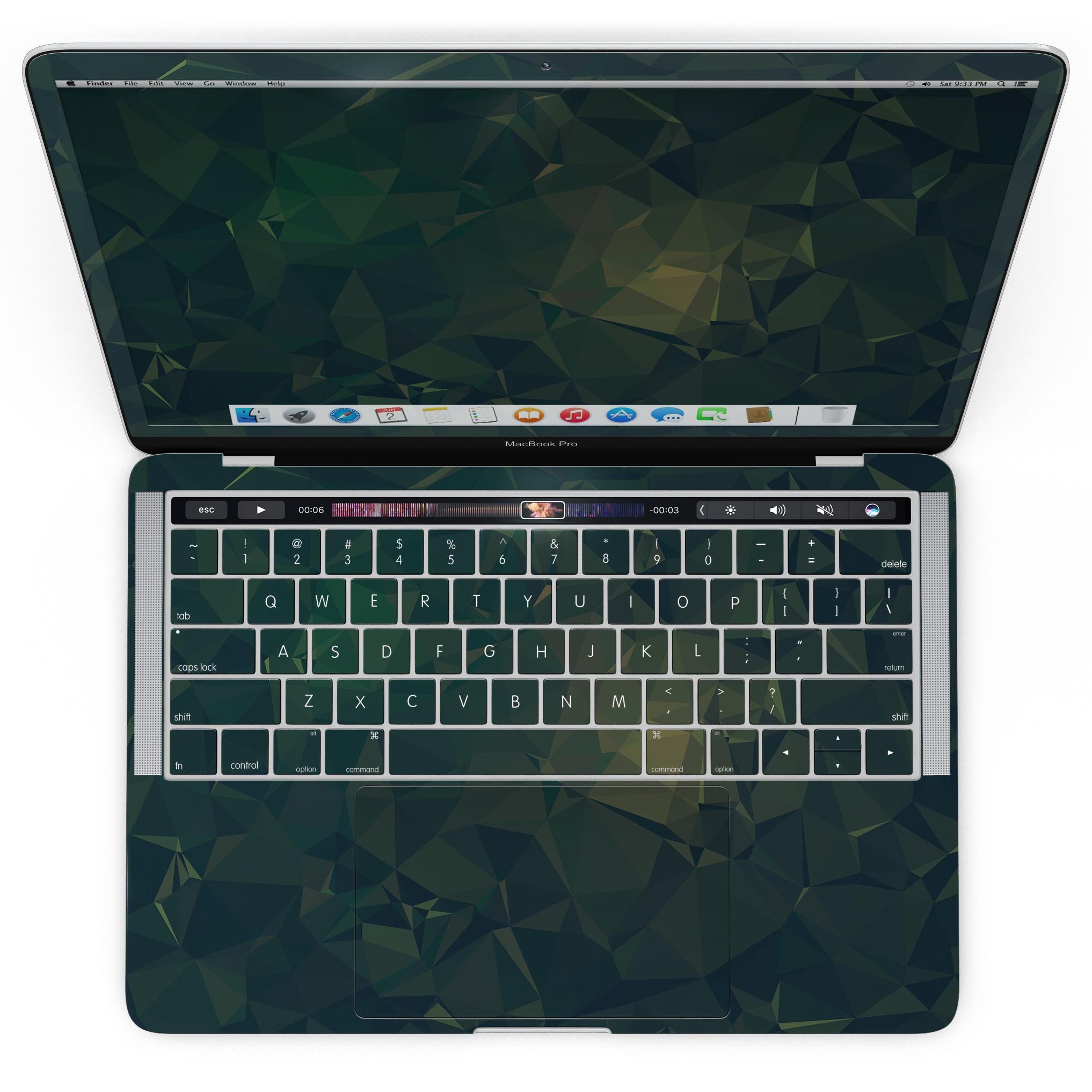 Dark Green Geometric V12 skin for MacBook Pro with Touch Bar, showcasing a stylish geometric design on a sleek laptop.