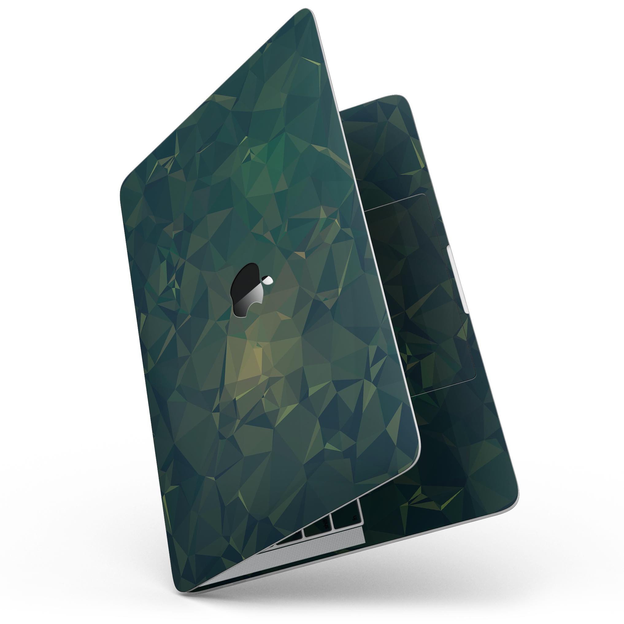 Dark Green Geometric V12 skin for MacBook Pro with Touch Bar, showcasing a stylish geometric design on a sleek laptop.