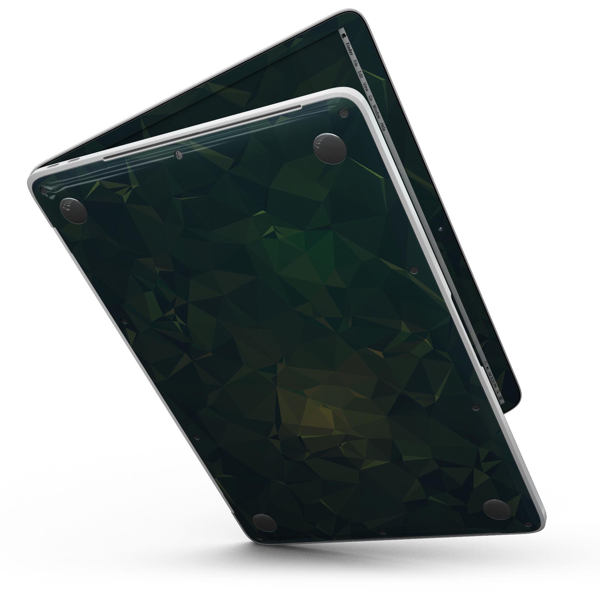 Dark Green Geometric V12 skin for MacBook Pro with Touch Bar, showcasing a stylish geometric design on a sleek laptop.