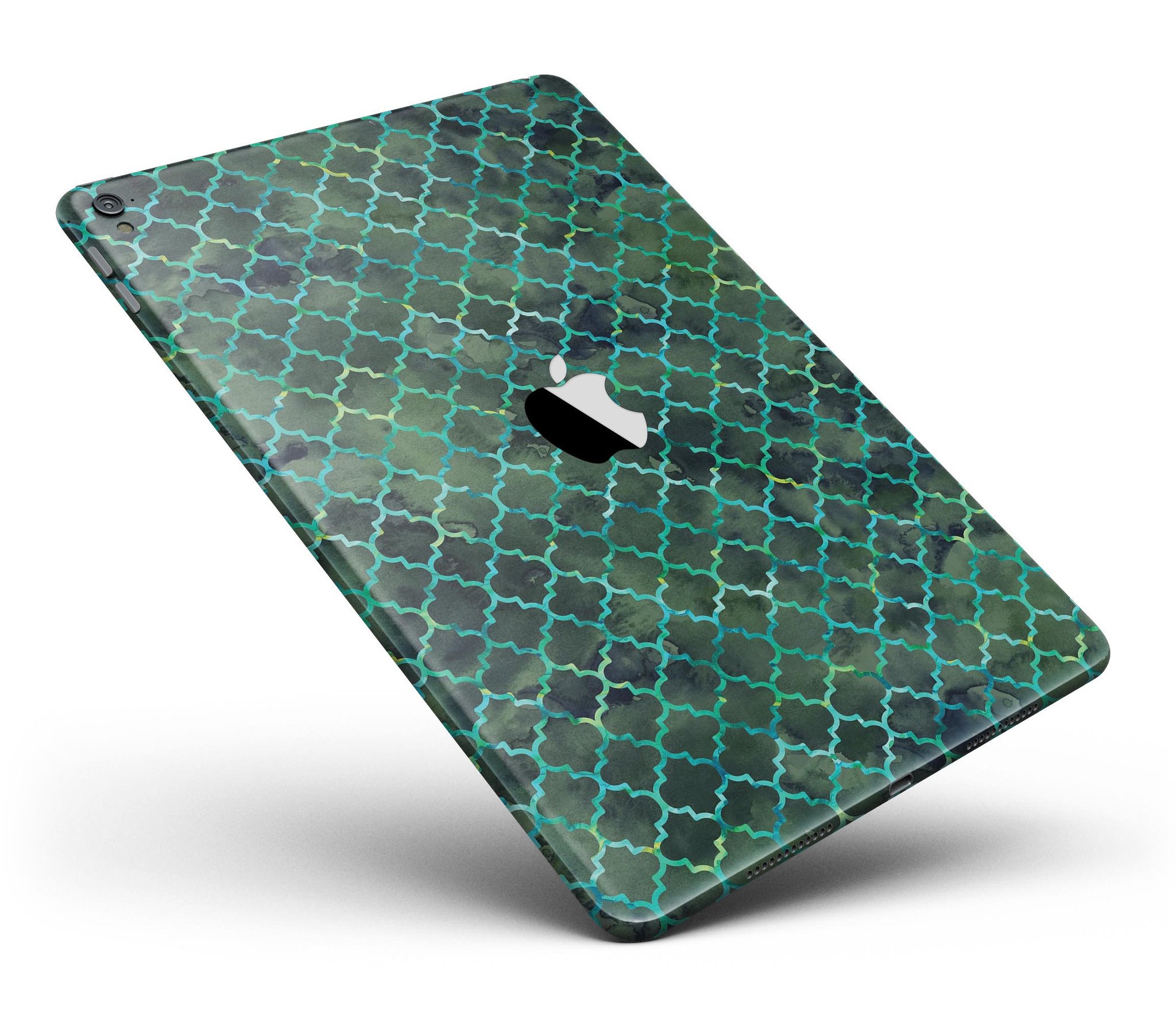 Dark Green Watercolor Quatrefoil Full Body Skin for iPad Pro, showcasing a stylish design with a glossy finish.