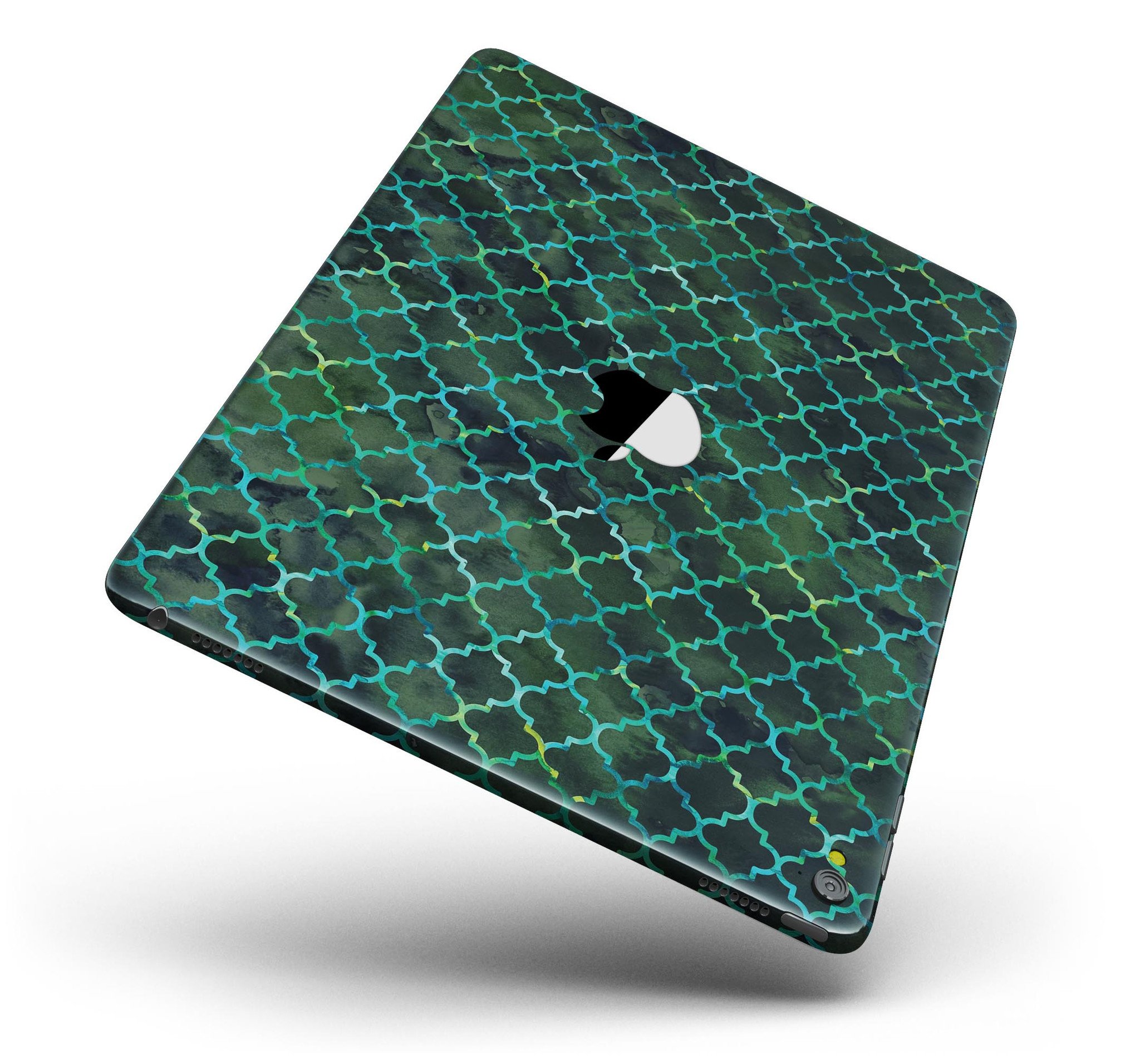 Dark Green Watercolor Quatrefoil Full Body Skin for iPad Pro, showcasing a stylish design with a glossy finish.