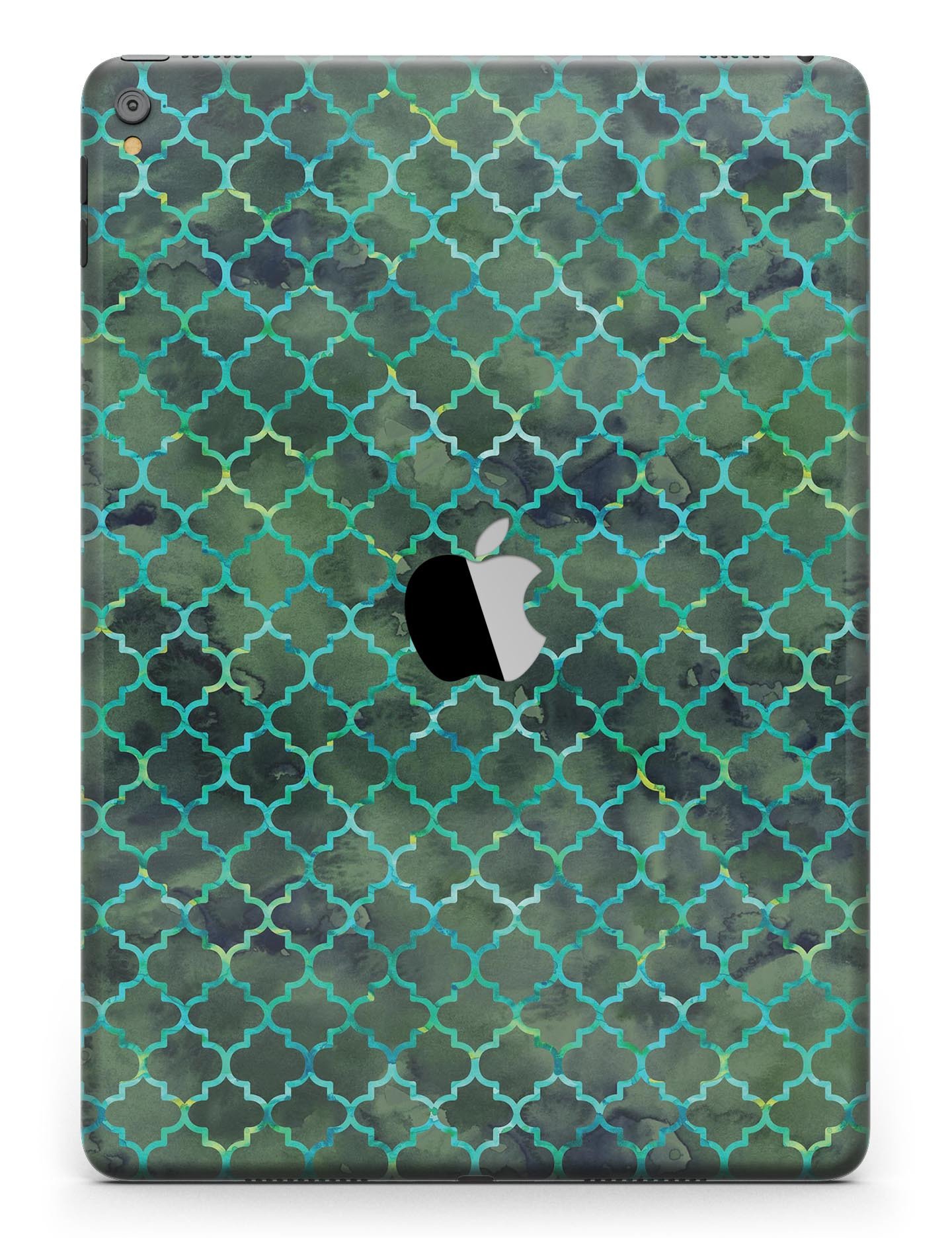 Dark Green Watercolor Quatrefoil Full Body Skin for iPad Pro, showcasing a stylish design with a glossy finish.