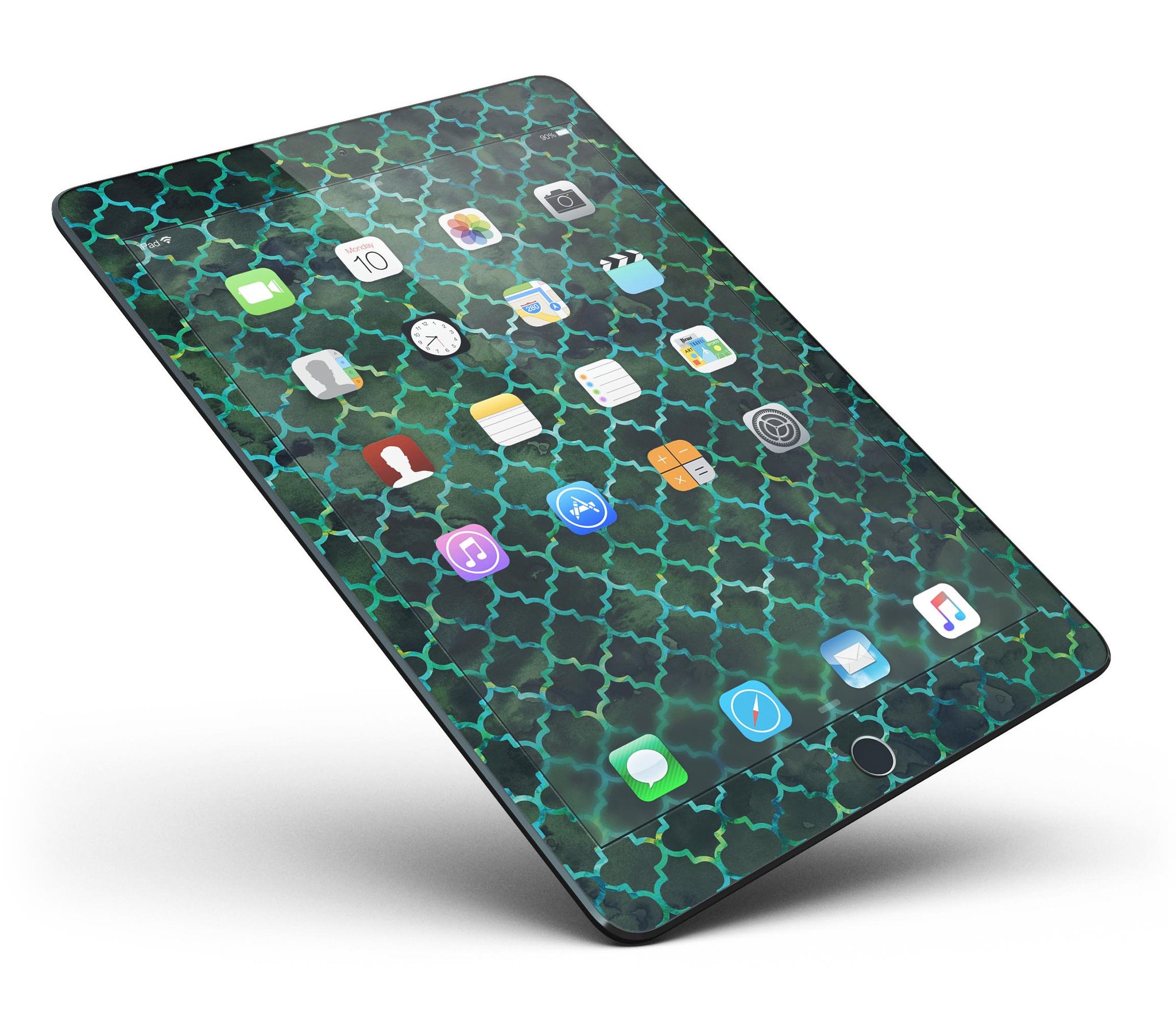 Dark Green Watercolor Quatrefoil Full Body Skin for iPad Pro, showcasing a stylish design with a glossy finish.