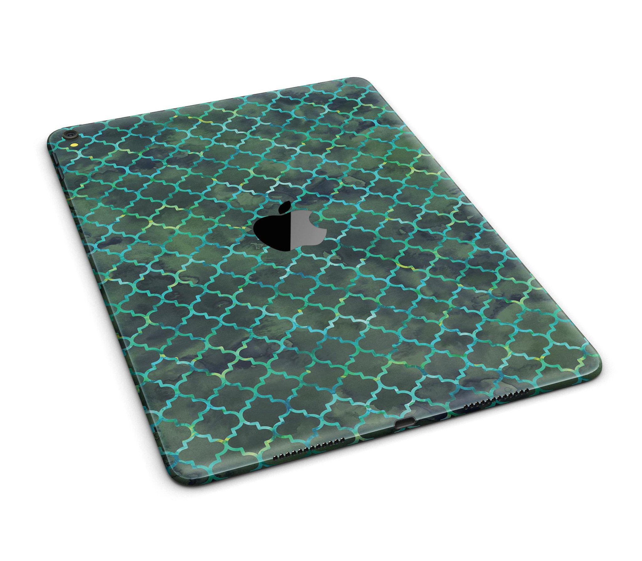 Dark Green Watercolor Quatrefoil Full Body Skin for iPad Pro, showcasing a stylish design with a glossy finish.