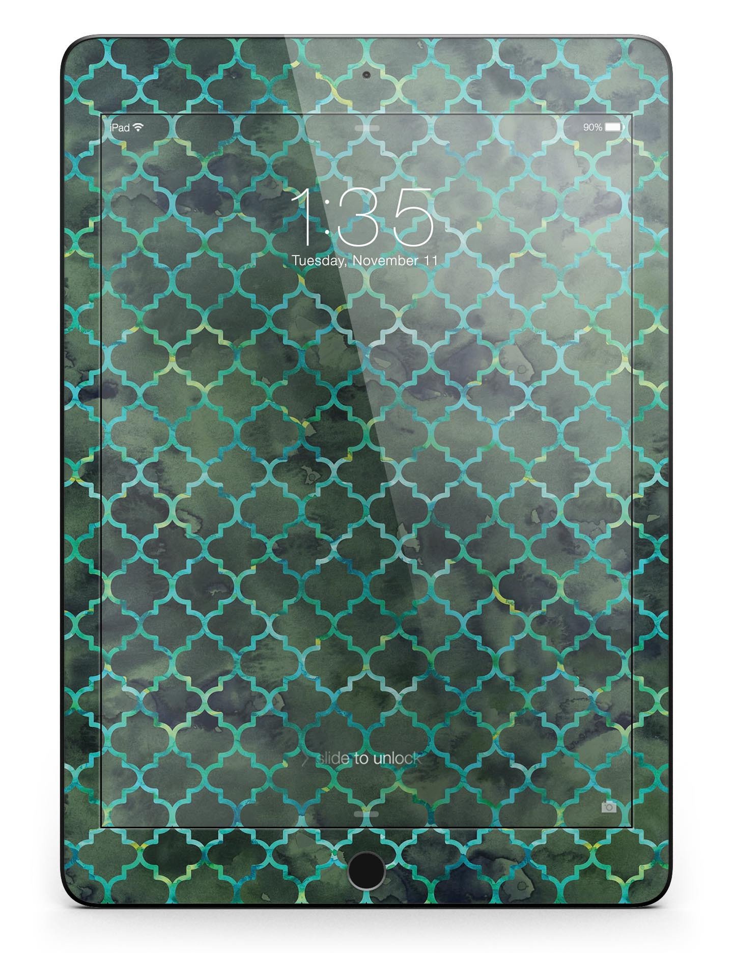 Dark Green Watercolor Quatrefoil Full Body Skin for iPad Pro, showcasing a stylish design with a glossy finish.