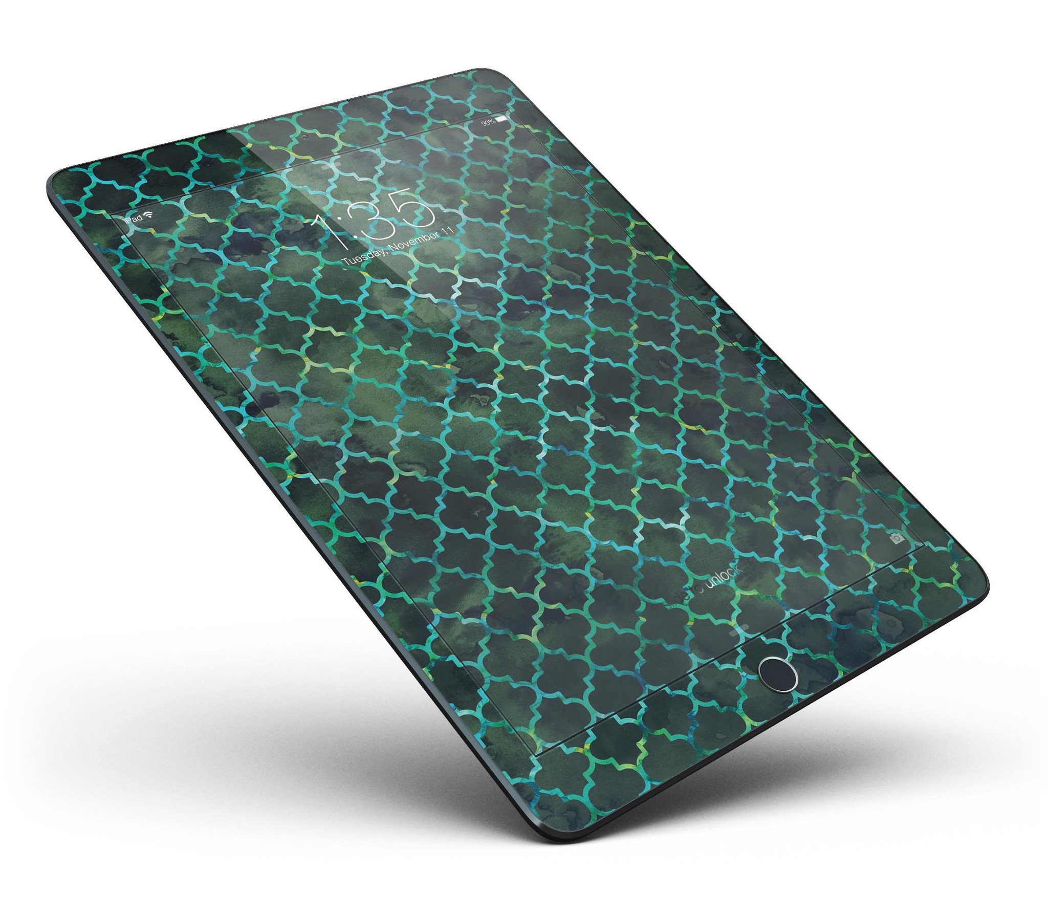 Dark Green Watercolor Quatrefoil Full Body Skin for iPad Pro, showcasing a stylish design with a glossy finish.