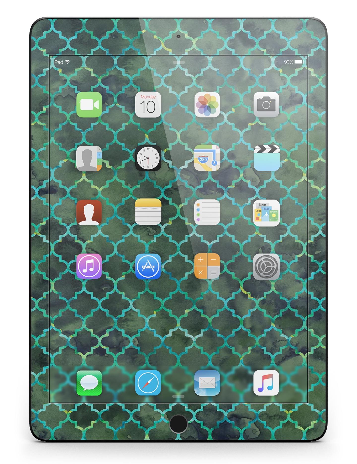 Dark Green Watercolor Quatrefoil Full Body Skin for iPad Pro, showcasing a stylish design with a glossy finish.