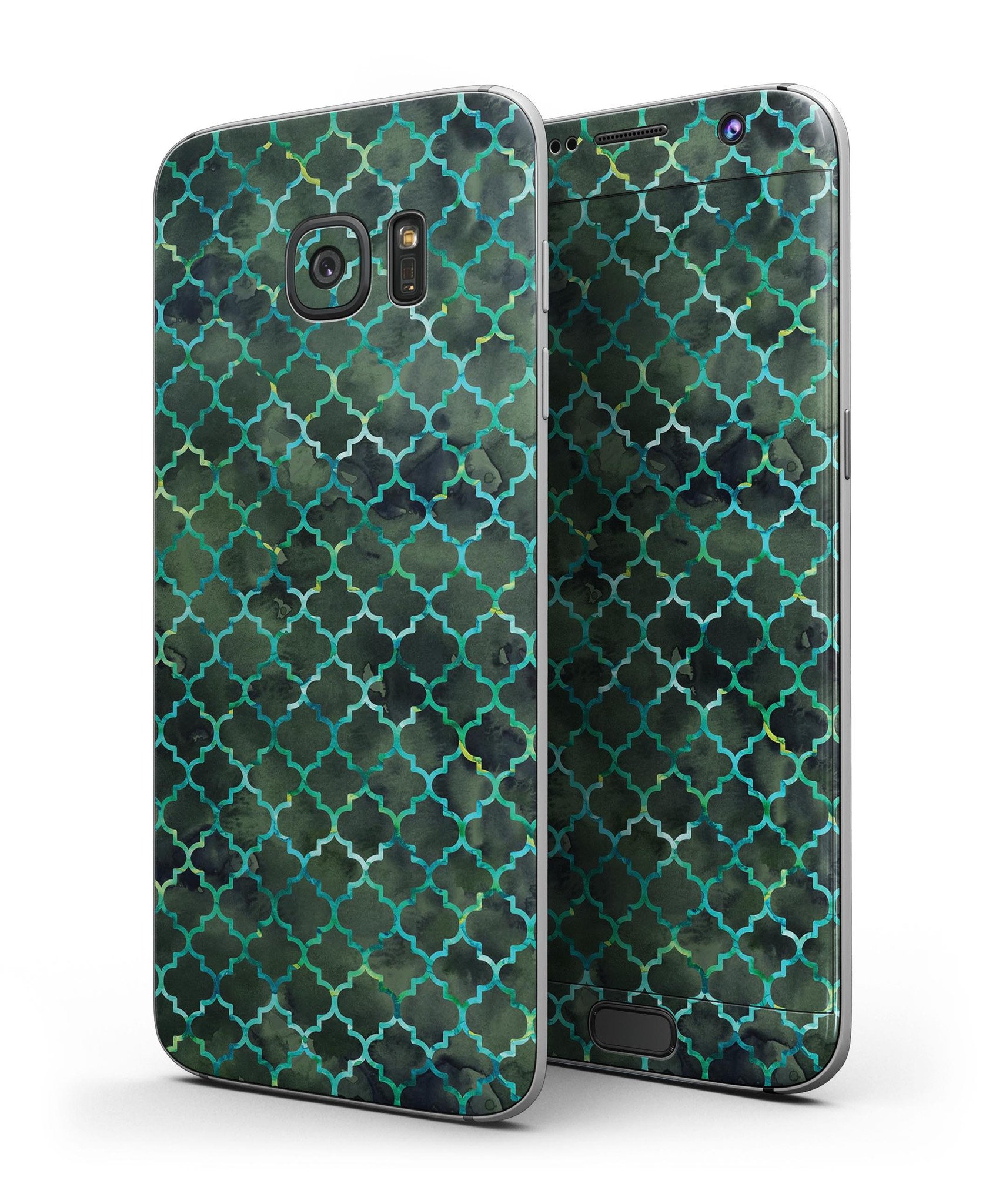 Dark Green Watercolor Quatrefoil skin for Samsung Galaxy S7/S7 Edge, showcasing vibrant colors and intricate design.